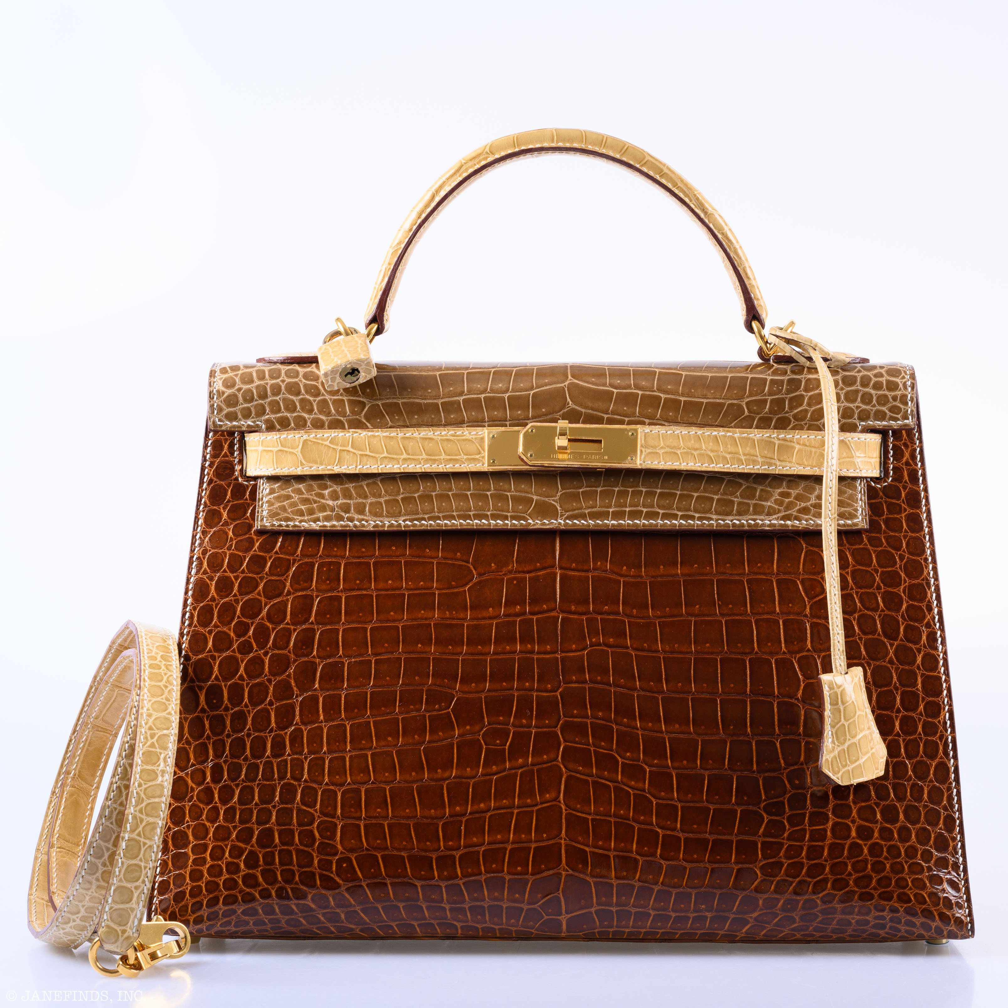 Hermès Kelly 32 Sellier Miel, Ficelle & Poussiere Porosus Crocodile Gold Hardware - 2007 Special Order