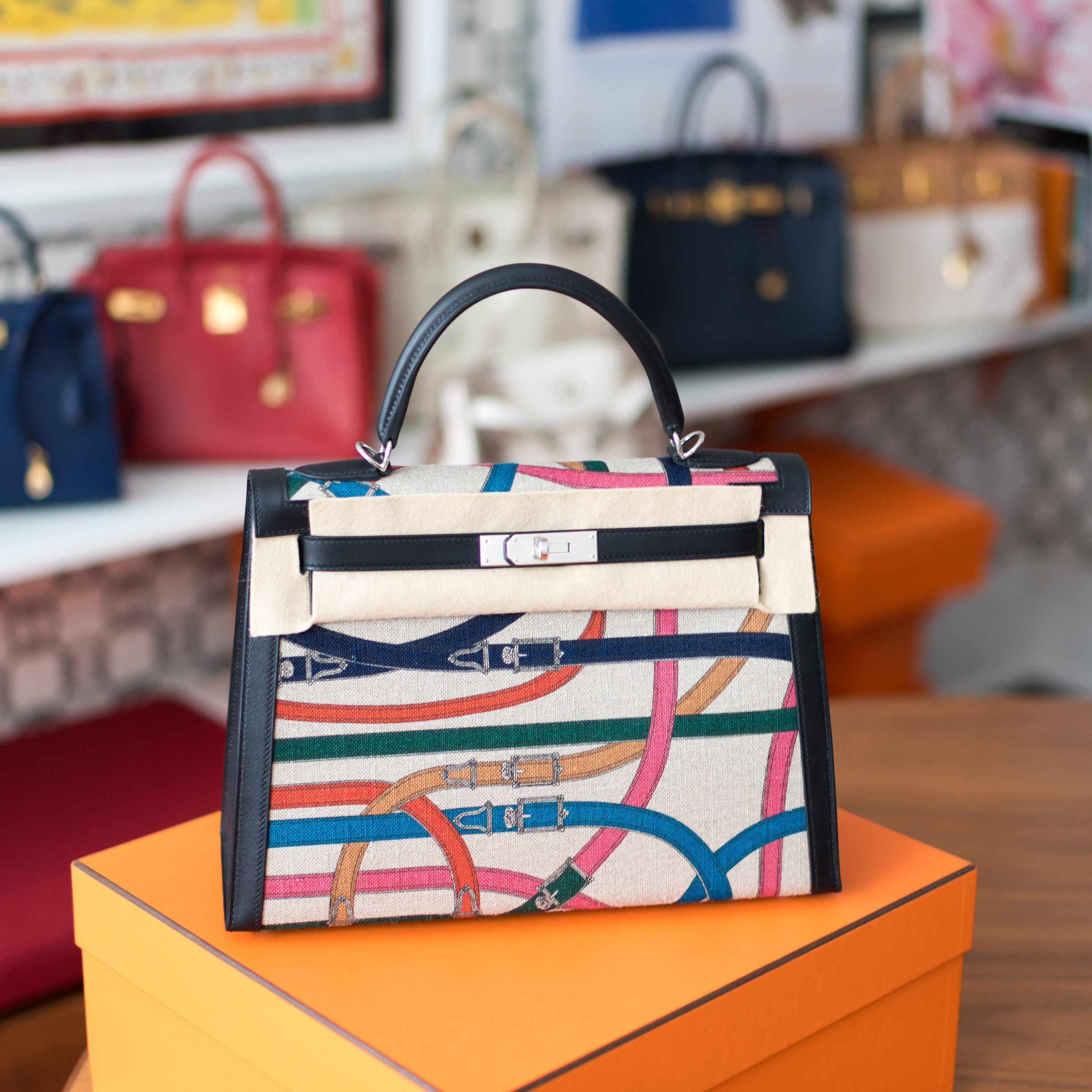 Hermès Kelly 32 Sellier Toile de Camp Cavalcadour and Noir Leather Palladium Hardware