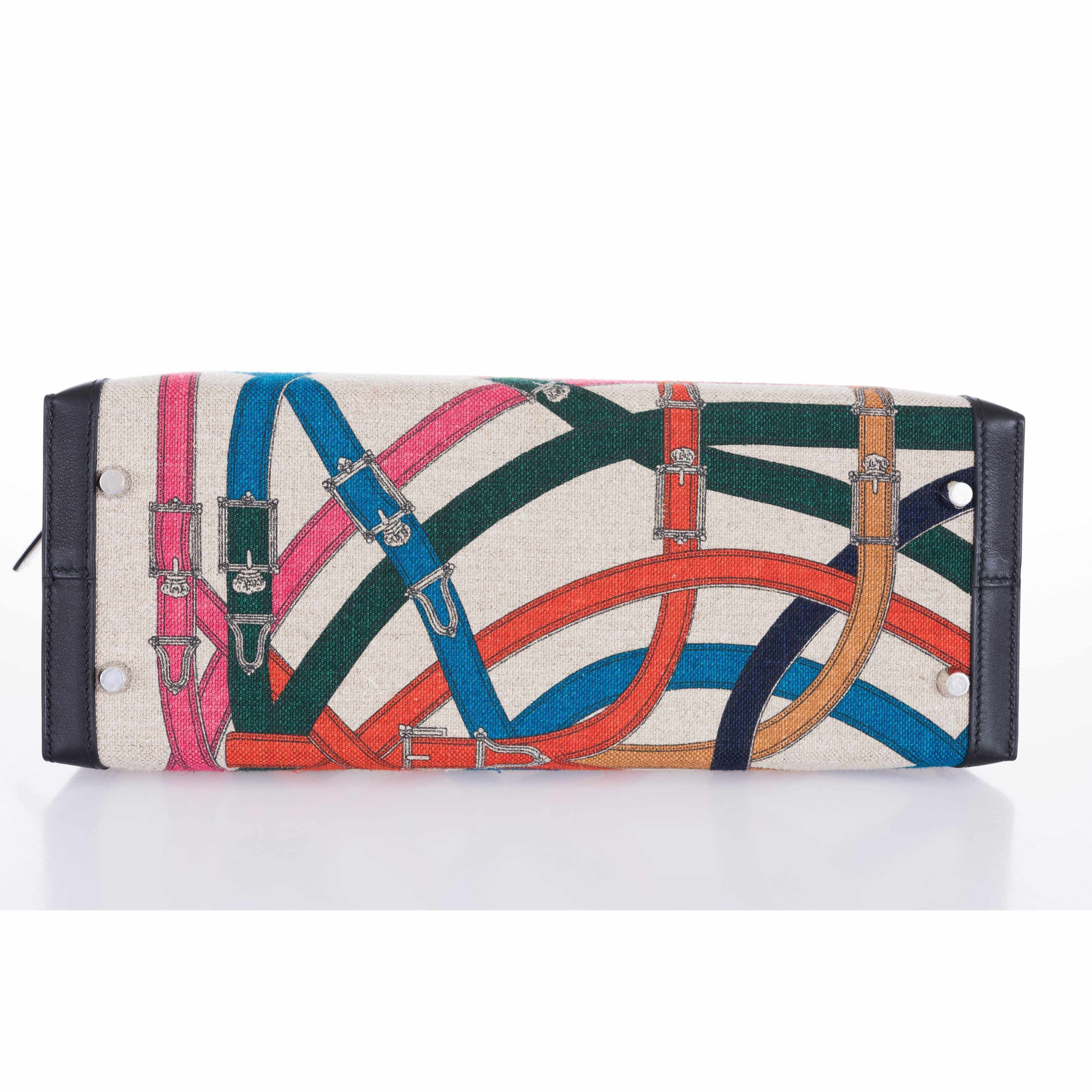 Hermès Kelly 32 Sellier Toile de Camp Cavalcadour and Noir Leather Palladium Hardware