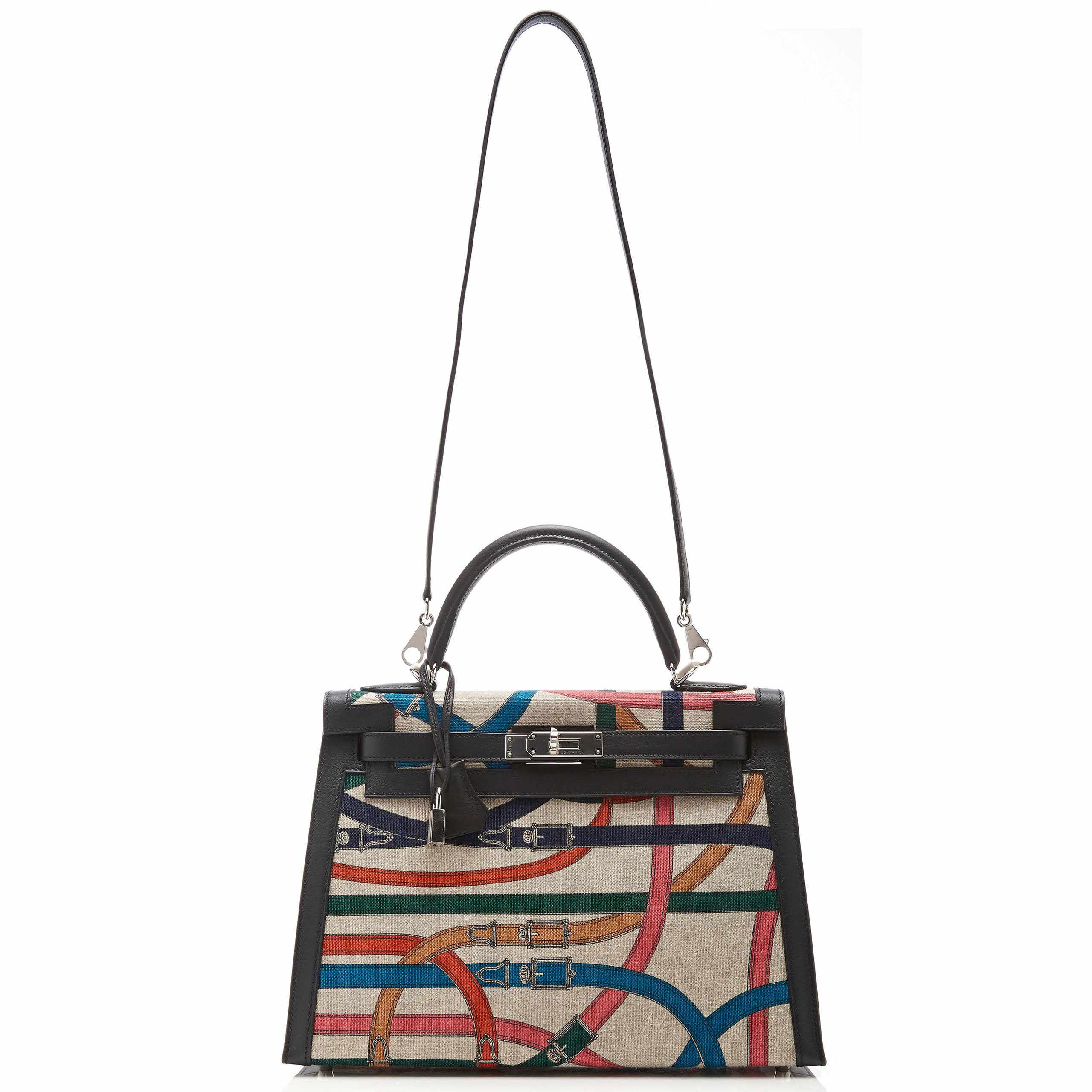 Hermès Kelly 32 Sellier Toile de Camp Cavalcadour and Noir Leather Palladium Hardware