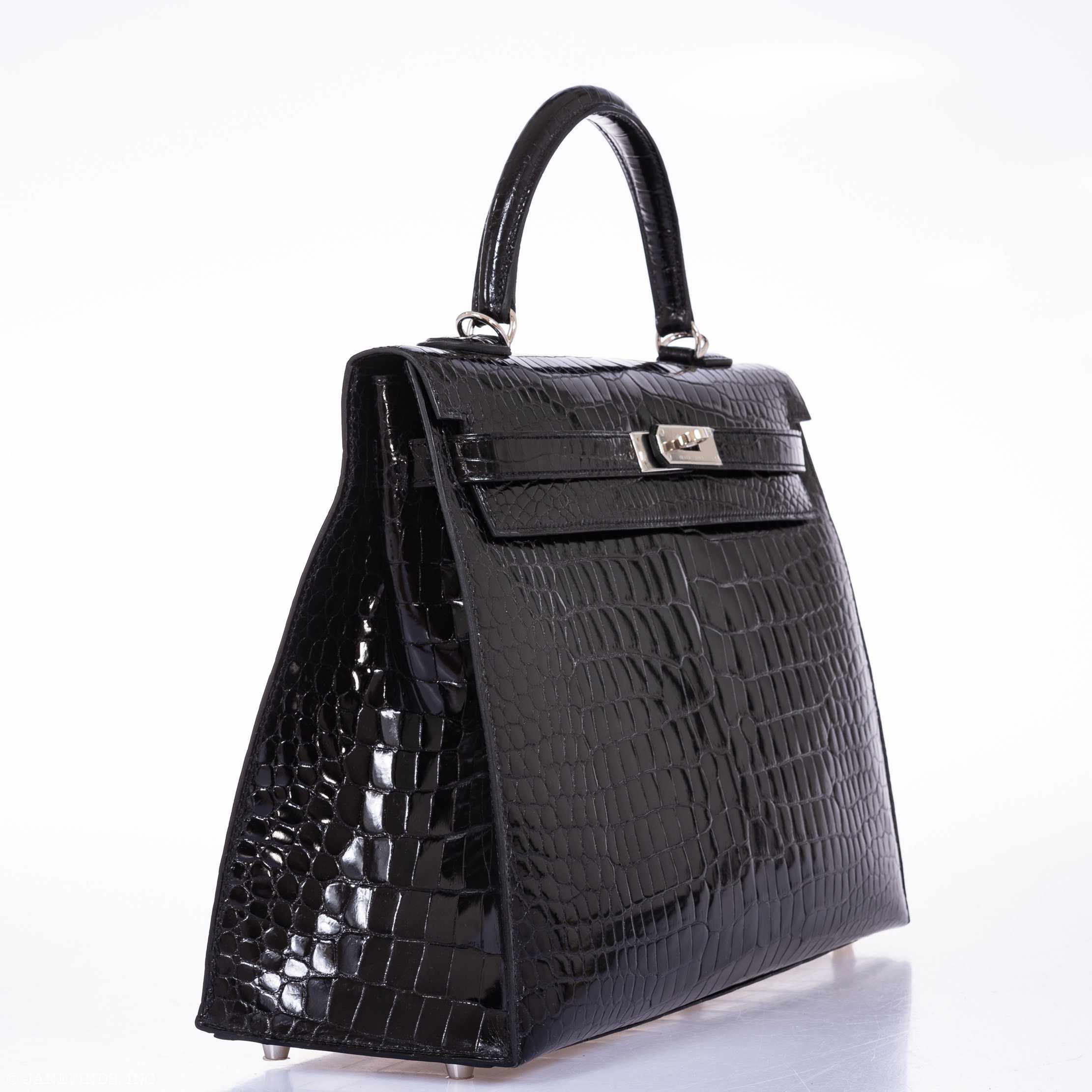 Hermès Kelly 35 Black Shiny Porosus Crocodile Palladium Hardware