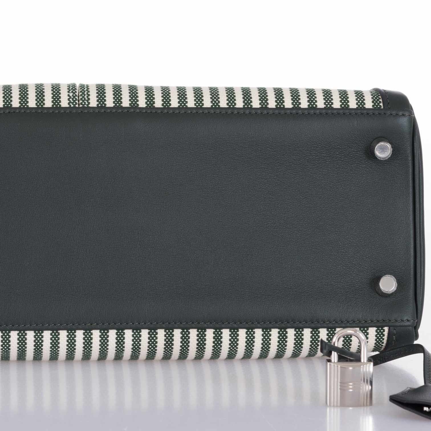 Hermès Kelly 35 Lakis Ecru Vert Anglais Toile Riga Swift Palladium Hardware