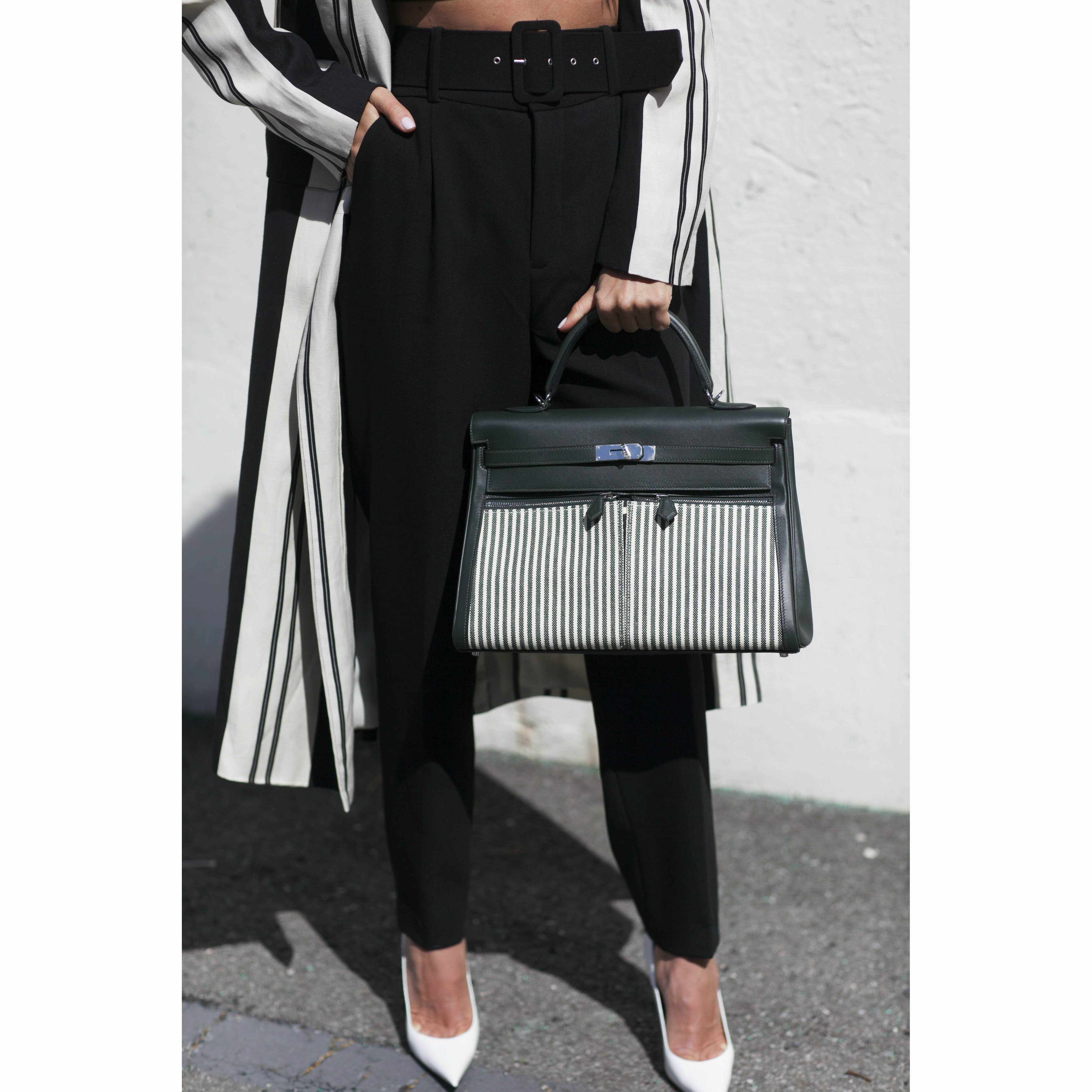 Hermès Kelly 35 Lakis Ecru Vert Anglais Toile Riga Swift Palladium Hardware
