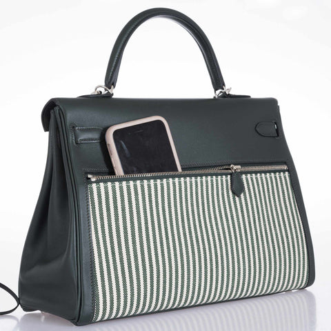 Hermès Kelly 35 Lakis Ecru Vert Anglais Toile Riga Swift Palladium Hardware