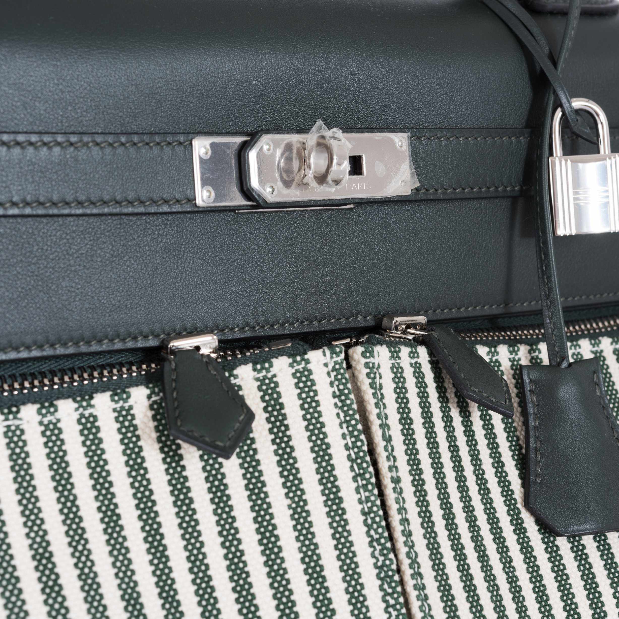 Hermès Kelly 35 Lakis Ecru Vert Anglais Toile Riga Swift Palladium Hardware