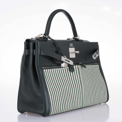 Hermès Kelly 35 Lakis Ecru Vert Anglais Toile Riga Swift Palladium Hardware