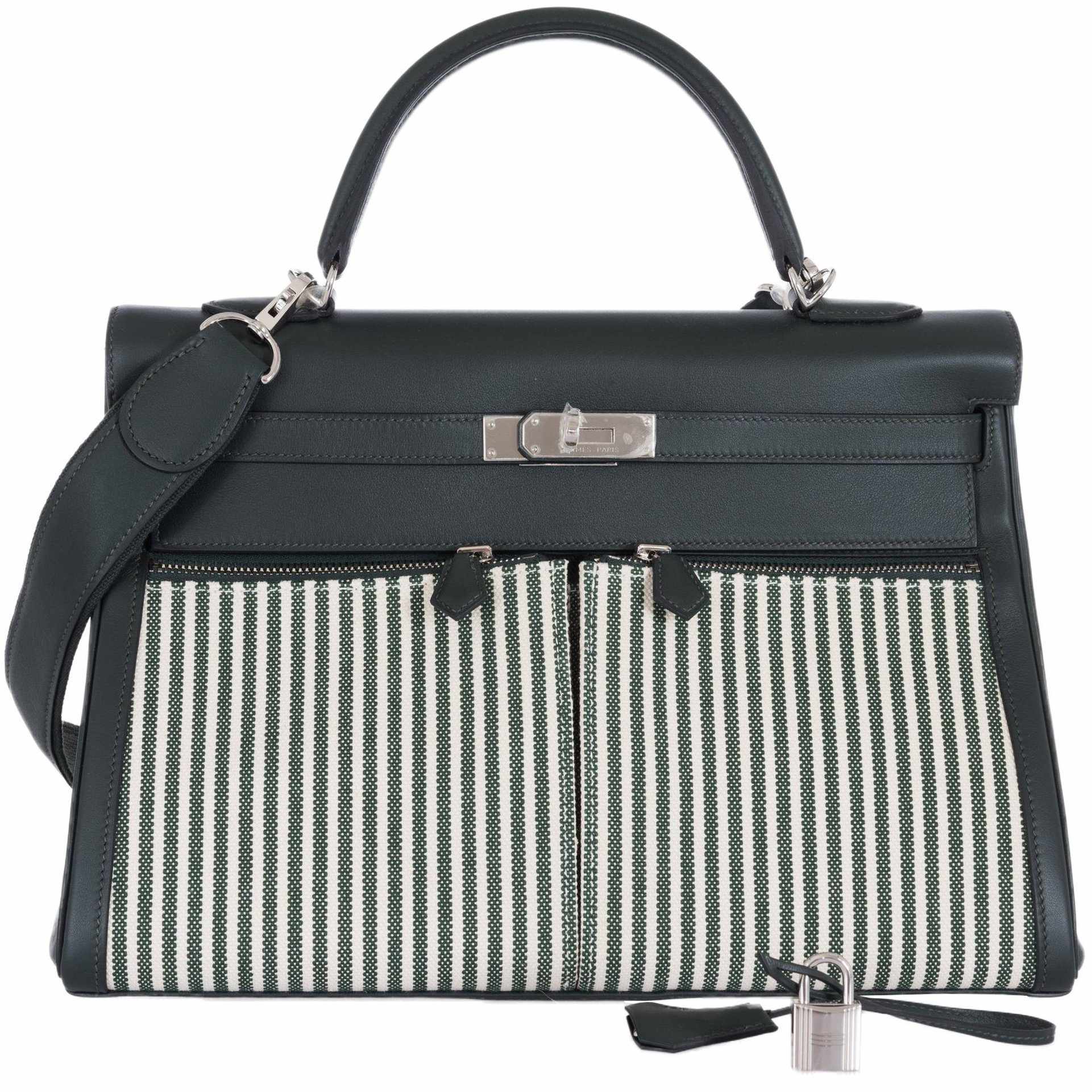 Hermès Kelly 35 Lakis "Toile Riga" Ecru & Vert Anglais Swift Palladium Hardware
