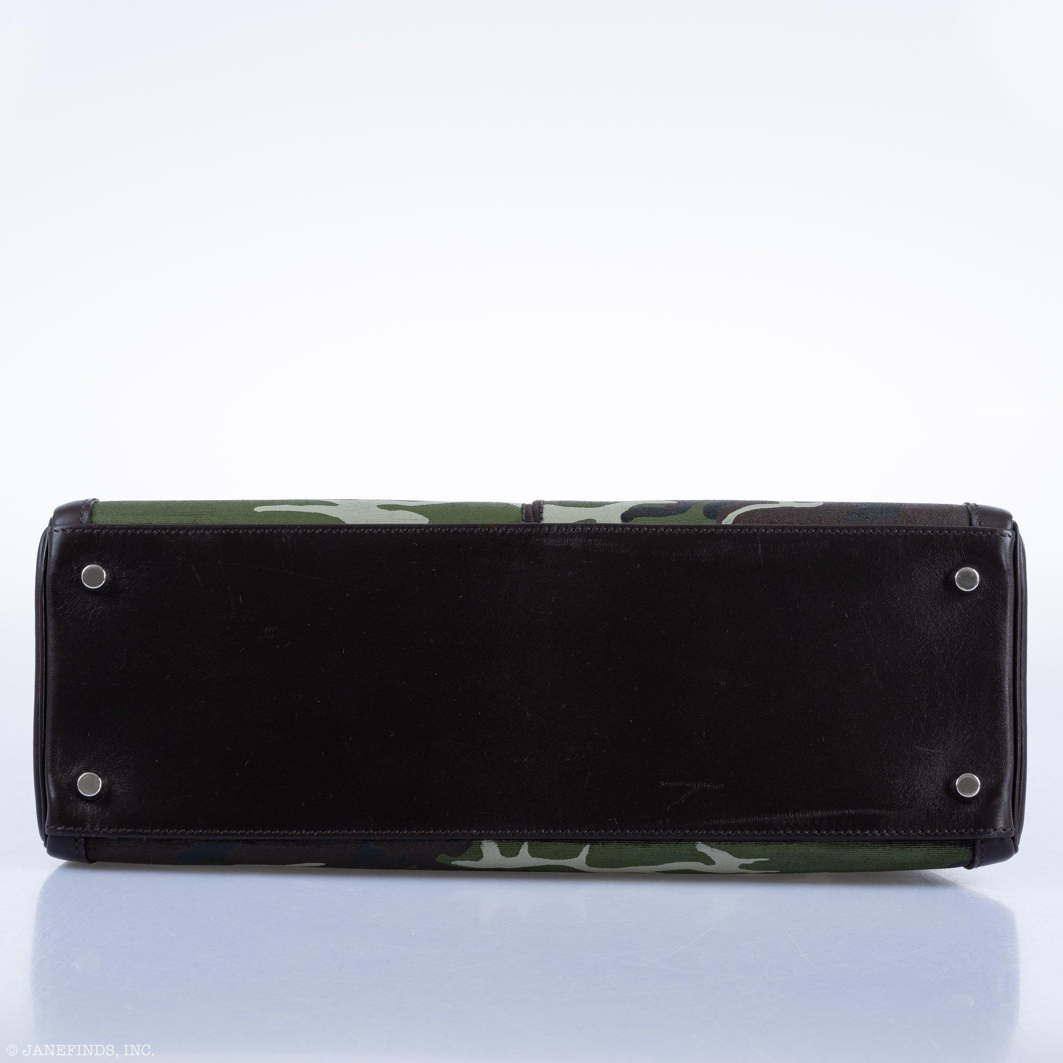 Hermès Kelly 35 Retourne Lakis Noir Box Calf Custom Camouflage Toile Palladium Hardware