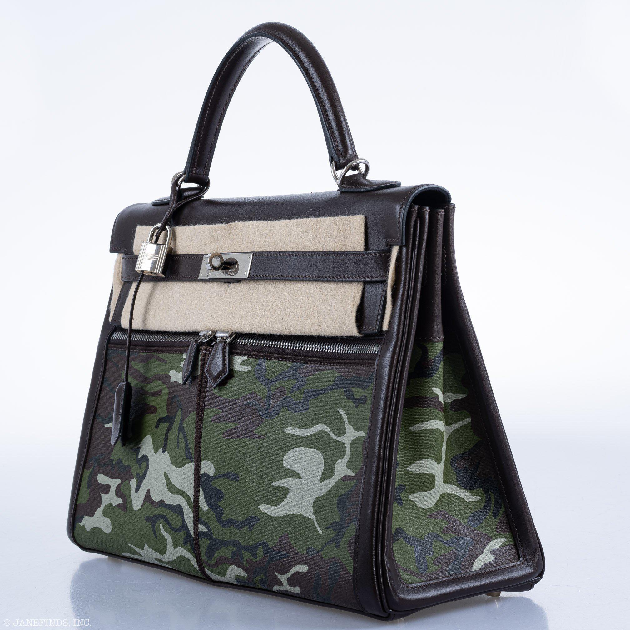 Hermès Kelly 35 Retourne Lakis Noir Box Calf Custom Camouflage Toile Palladium Hardware