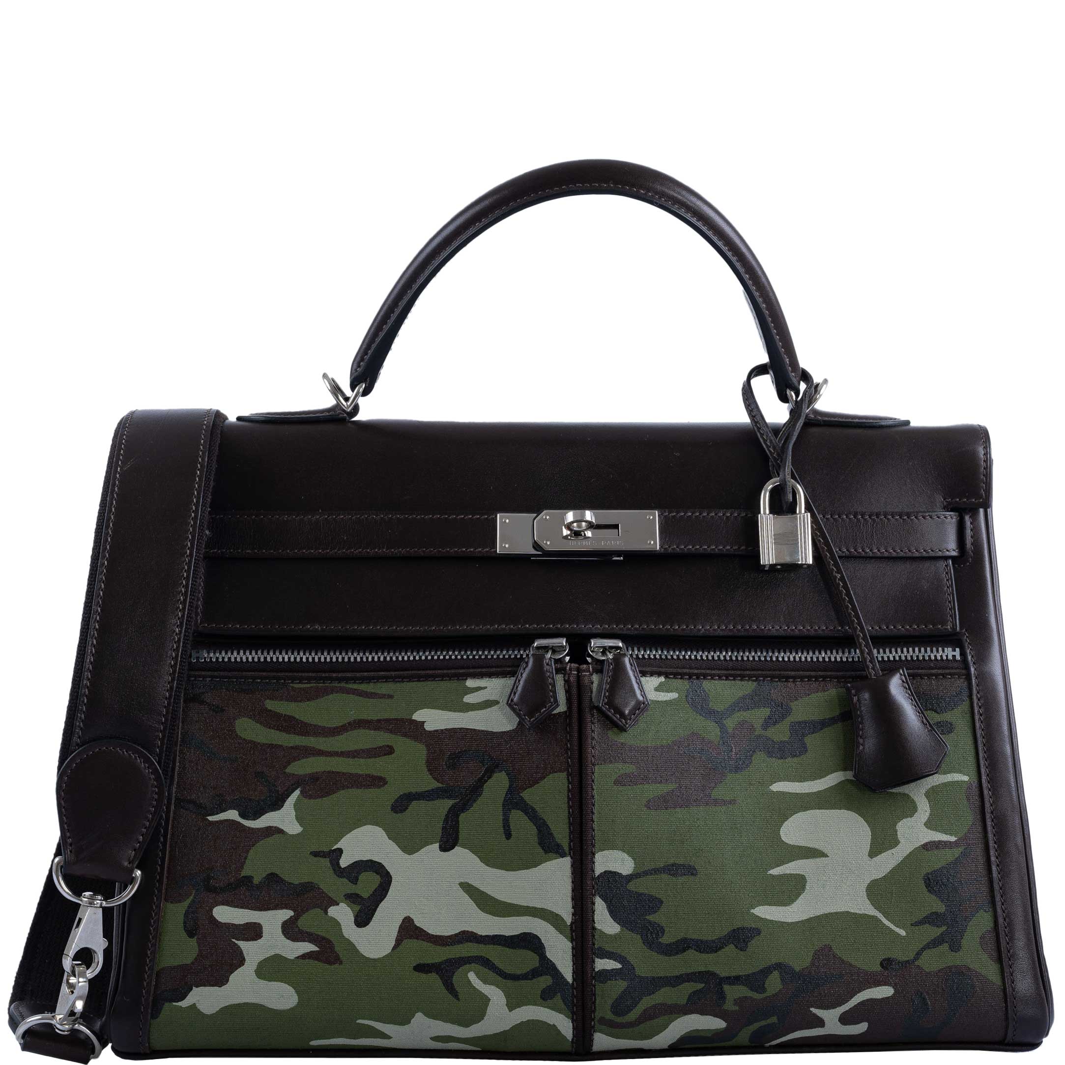 Hermès Kelly 35 Retourne Lakis Noir Box Calf Custom Camouflage Toile Palladium Hardware