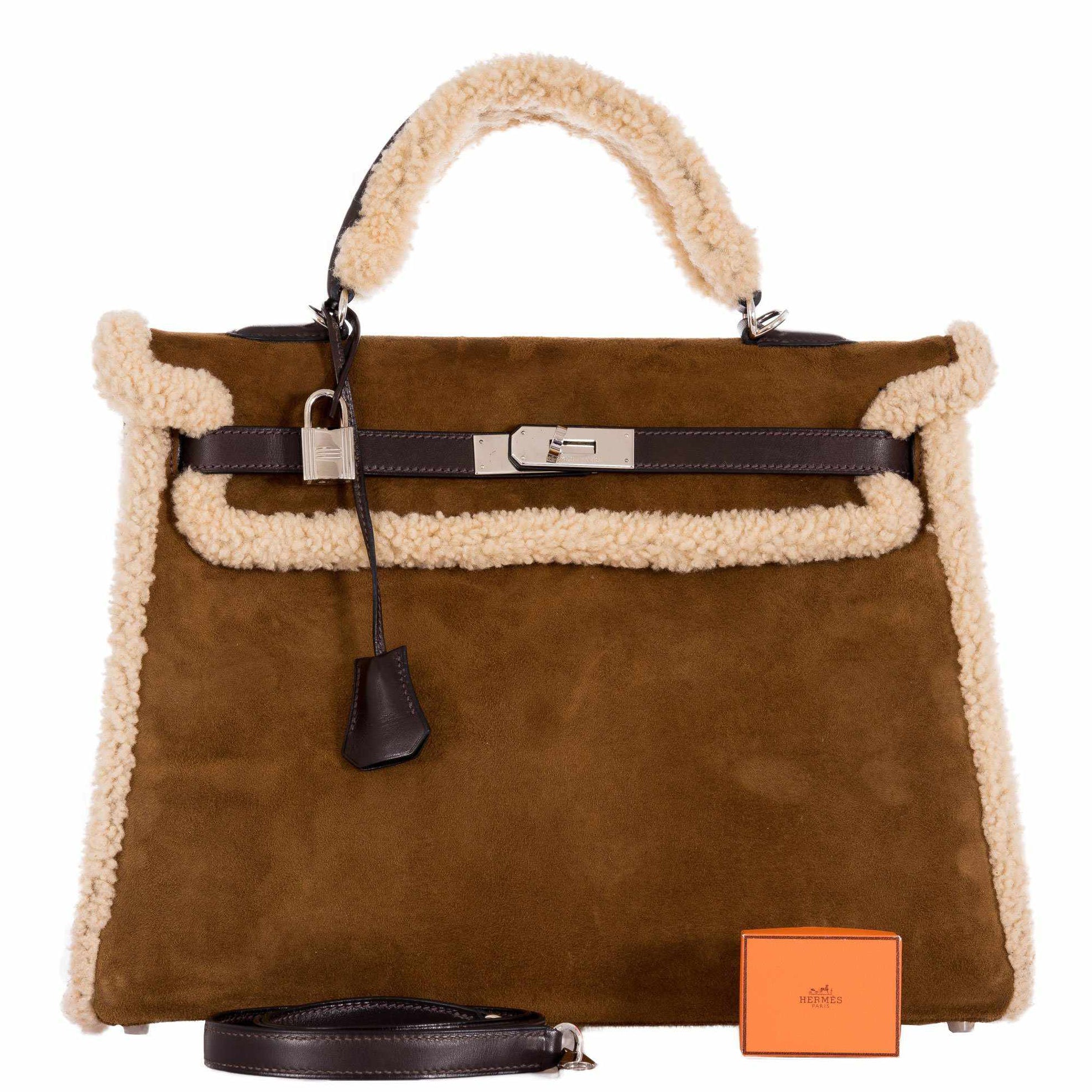 Hermès Kelly 35 Retourne Shearling/Ébène Barenia Palladium Hardware