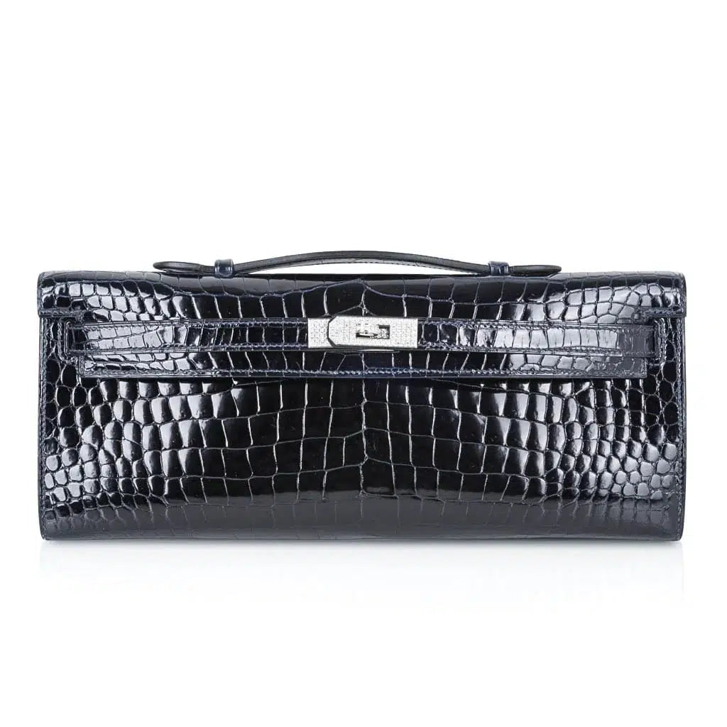 Hermès Kelly Cut Blue Marine Porosus Crocodile with Diamond and White Gold Hardware