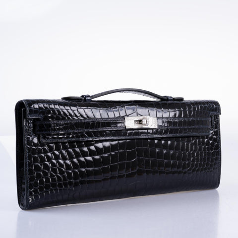 Hermès Kelly Cut Blue Marine Porosus Crocodile with Diamond and White Gold Hardware