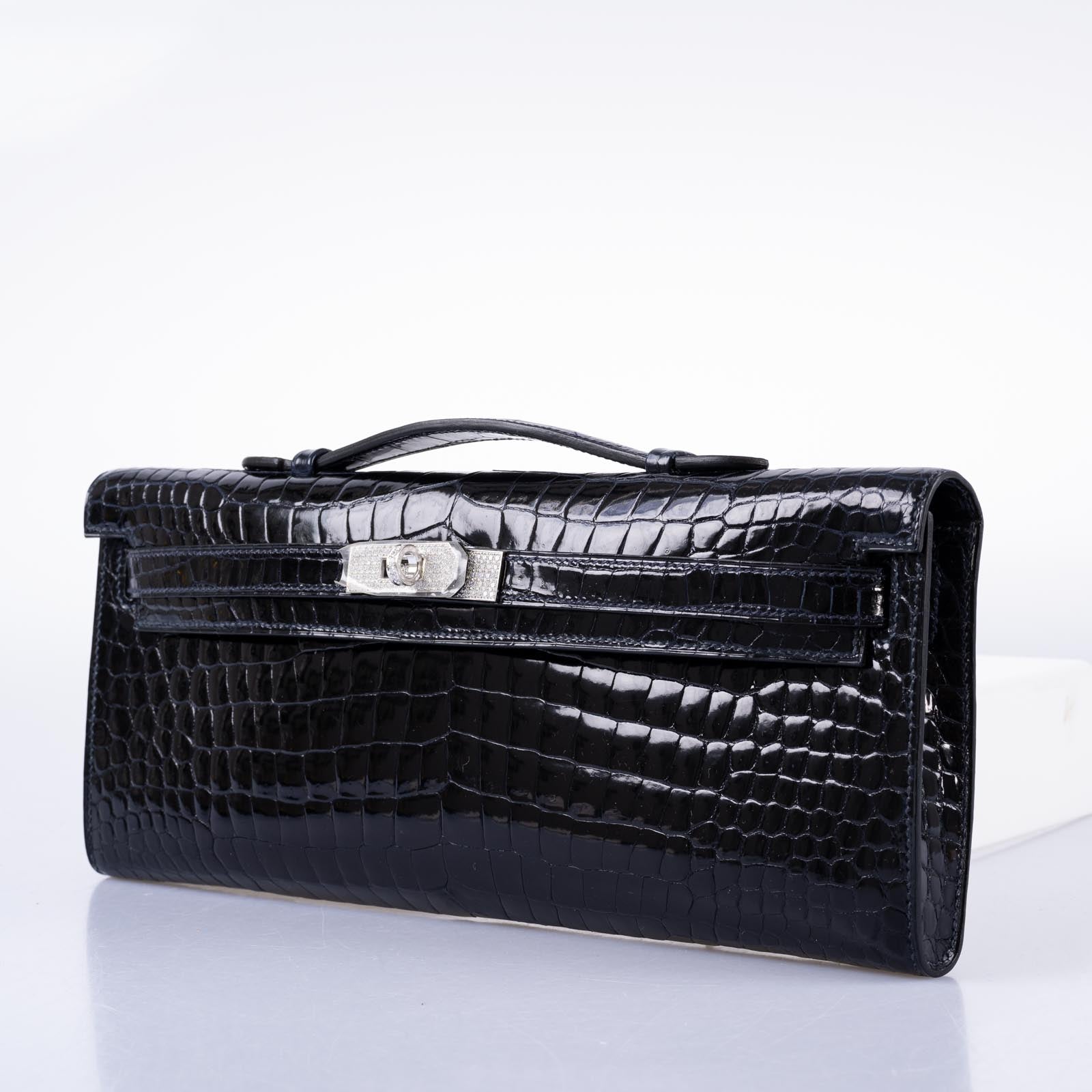 Hermès Kelly Cut Blue Marine Porosus Crocodile with Diamond and White Gold Hardware