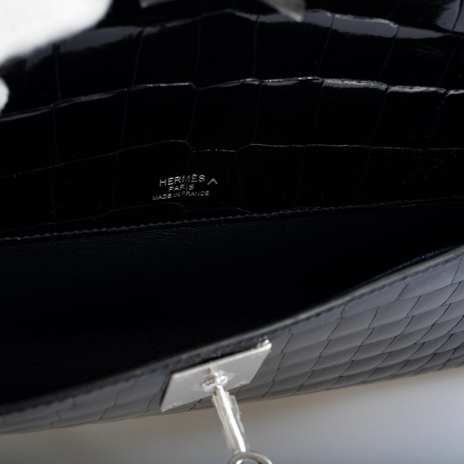 Hermès Kelly Cut Blue Marine Porosus Crocodile with Diamond and White Gold Hardware