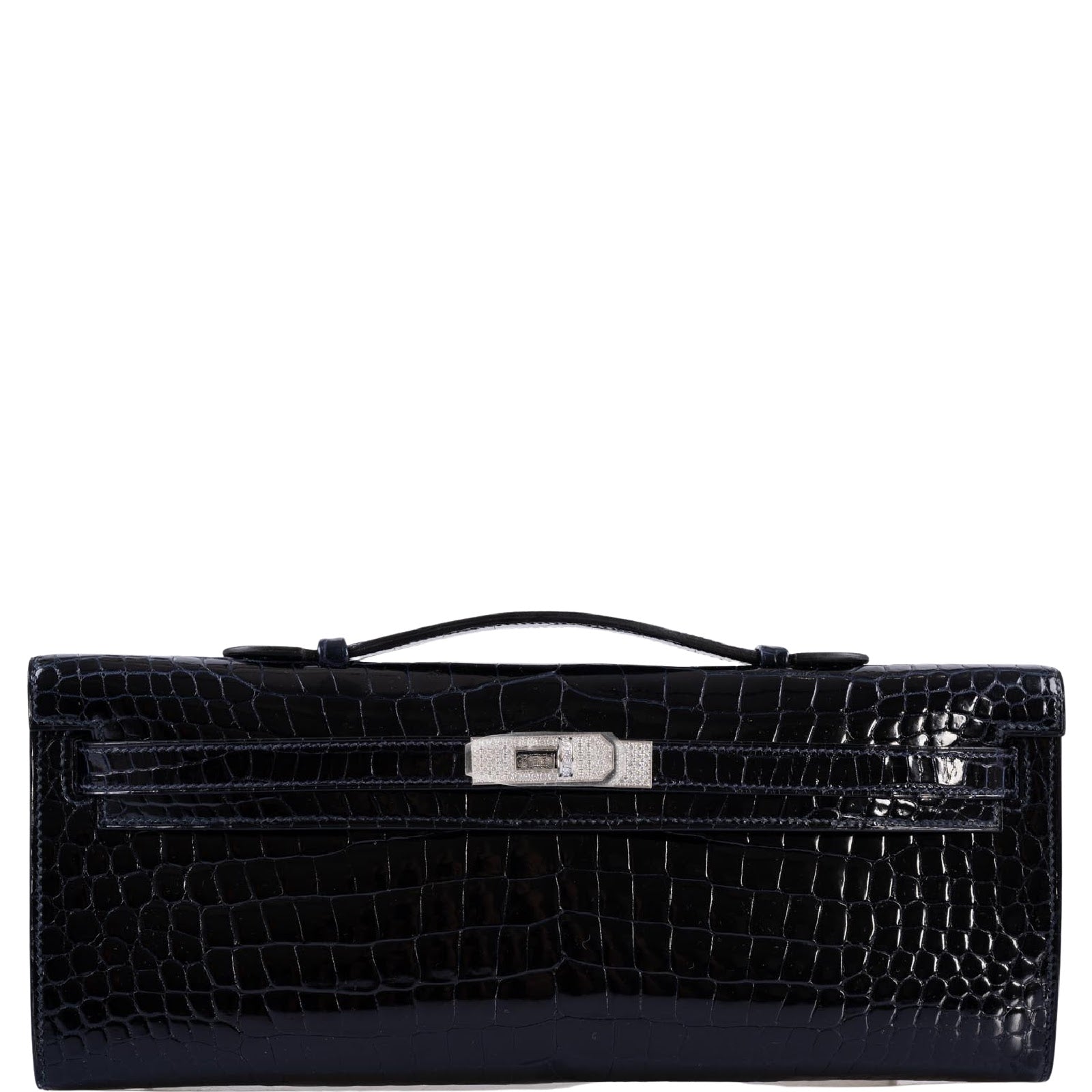 Hermès Kelly Cut Blue Marine Porosus Crocodile with Diamond and White Gold Hardware