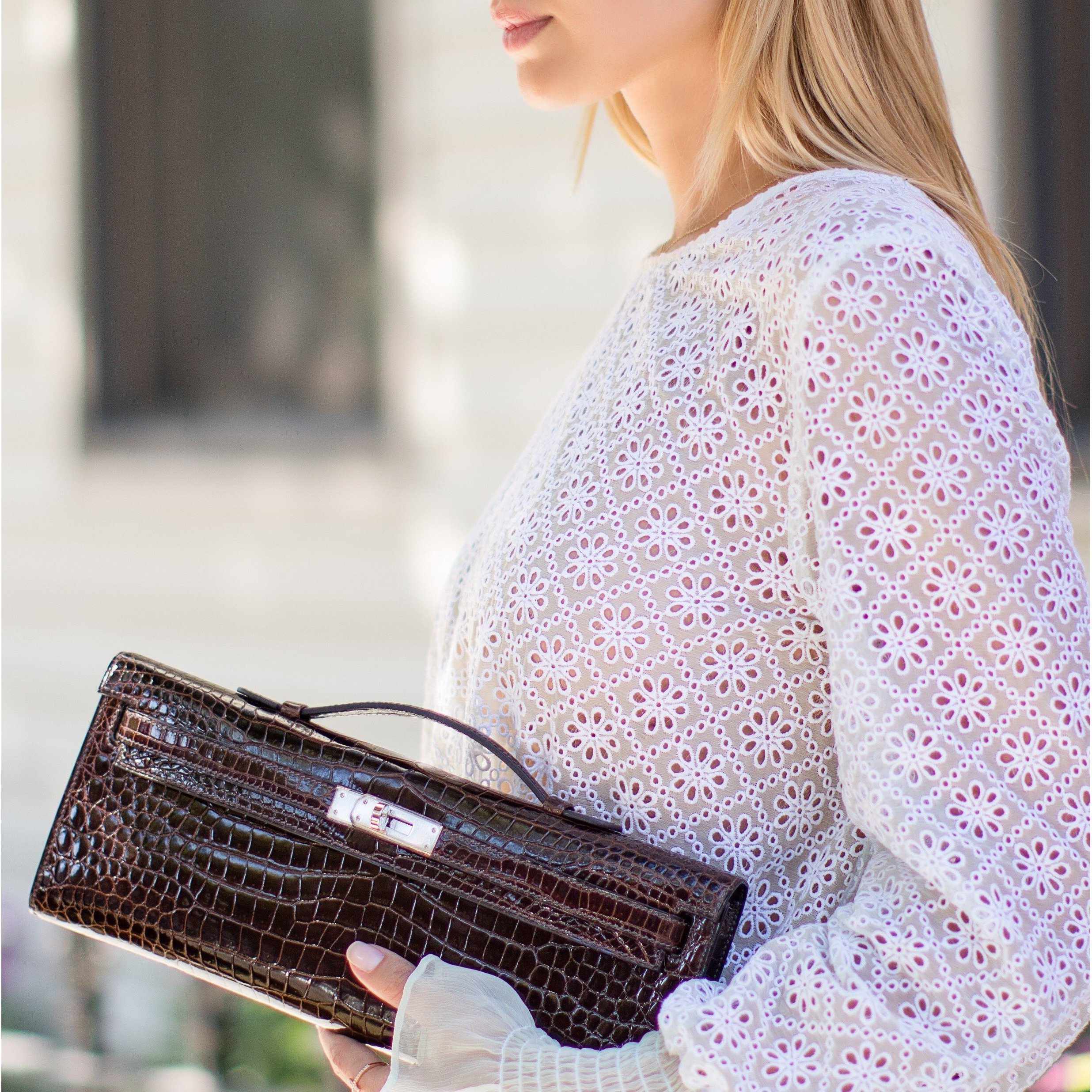 Hermès Kelly Cut Cocoan Alligator Porosus Crocodile Palladium Hardware