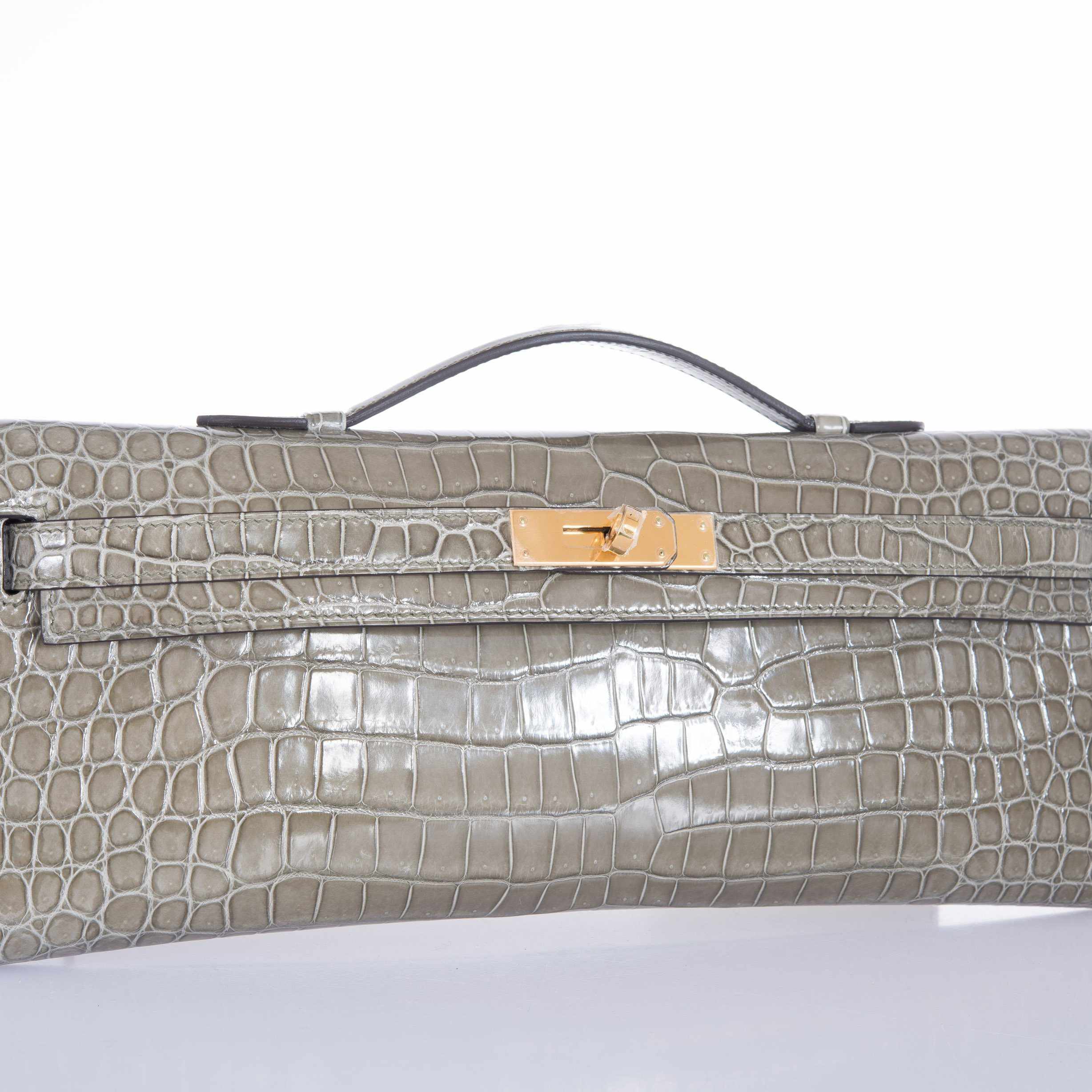 Hermès Kelly Cut Gris Tourterelle Porosus Crocodile Gold Hardware