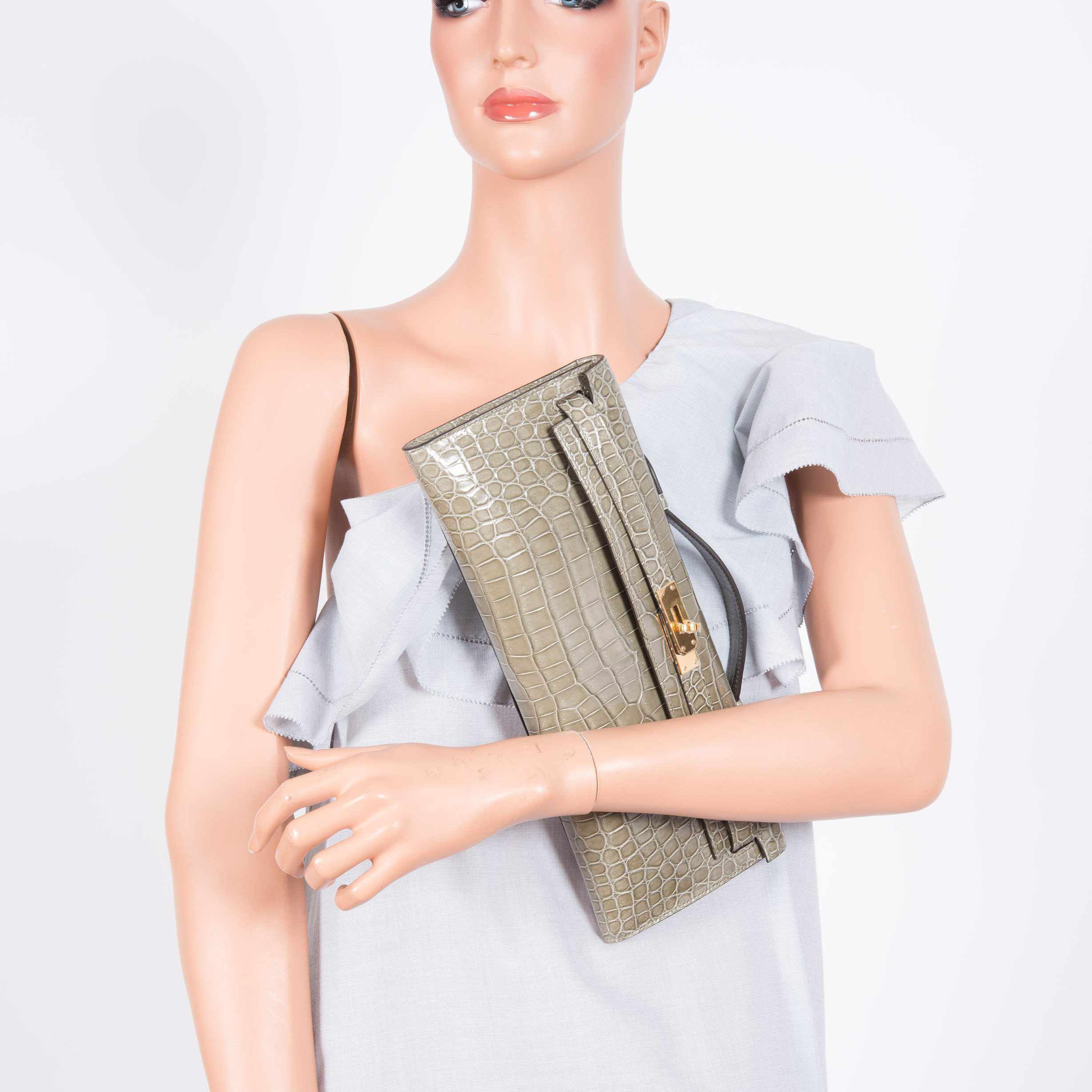 Hermès Kelly Cut Gris Tourterelle Porosus Crocodile Gold Hardware