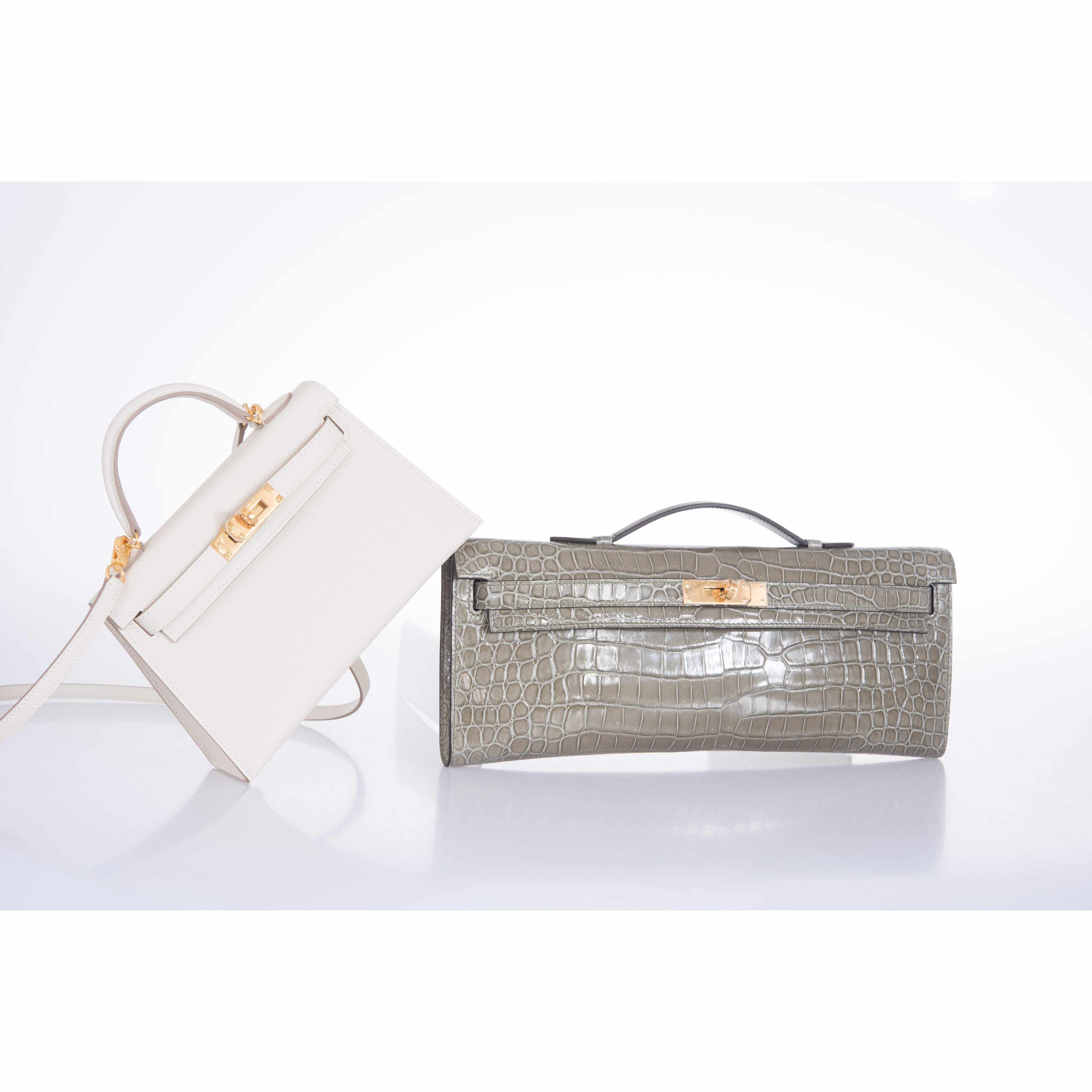 Hermès Kelly Cut Gris Tourterelle Porosus Crocodile Gold Hardware