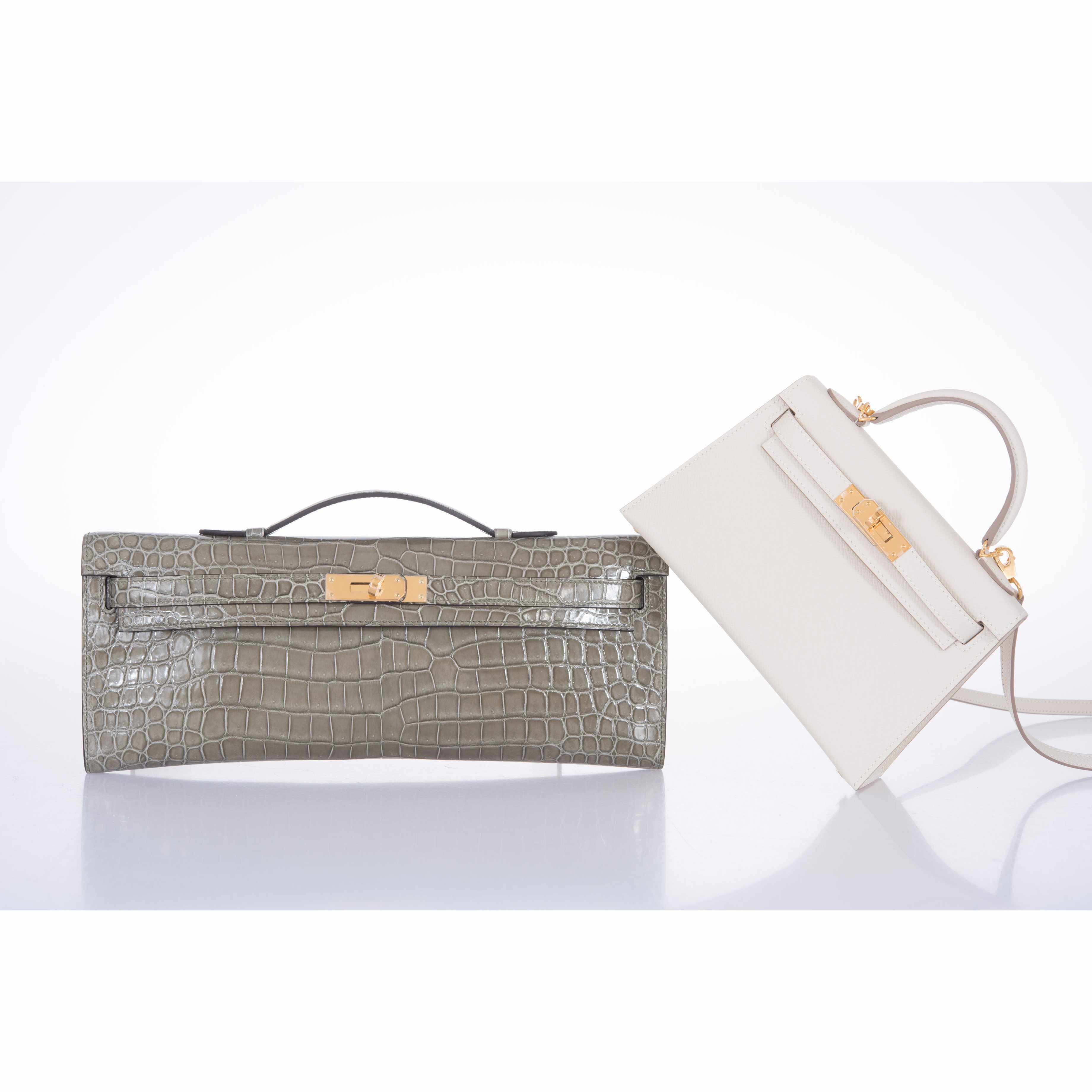 Hermès Kelly Cut Gris Tourterelle Porosus Crocodile Gold Hardware