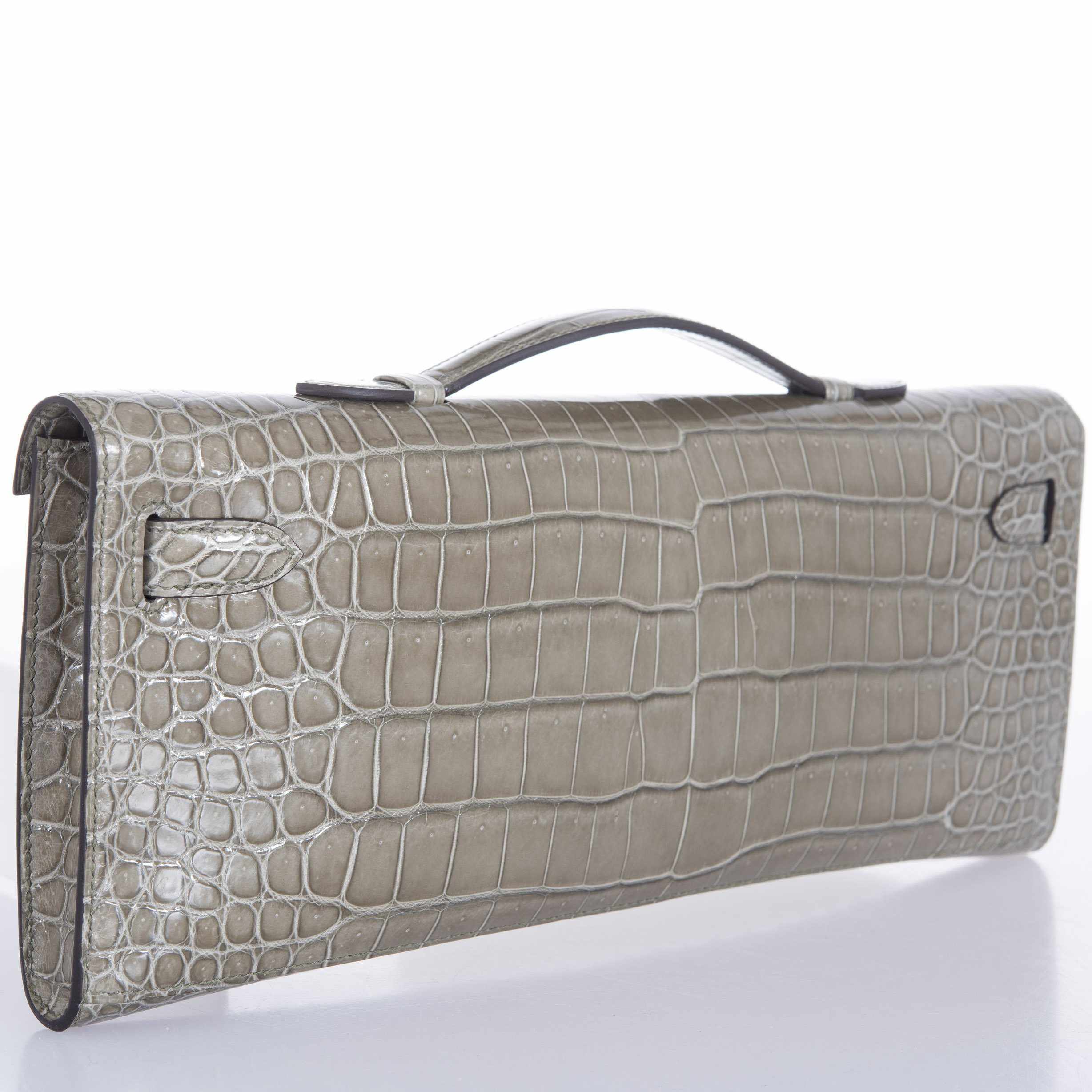 Hermès Kelly Cut Gris Tourterelle Porosus Crocodile Gold Hardware