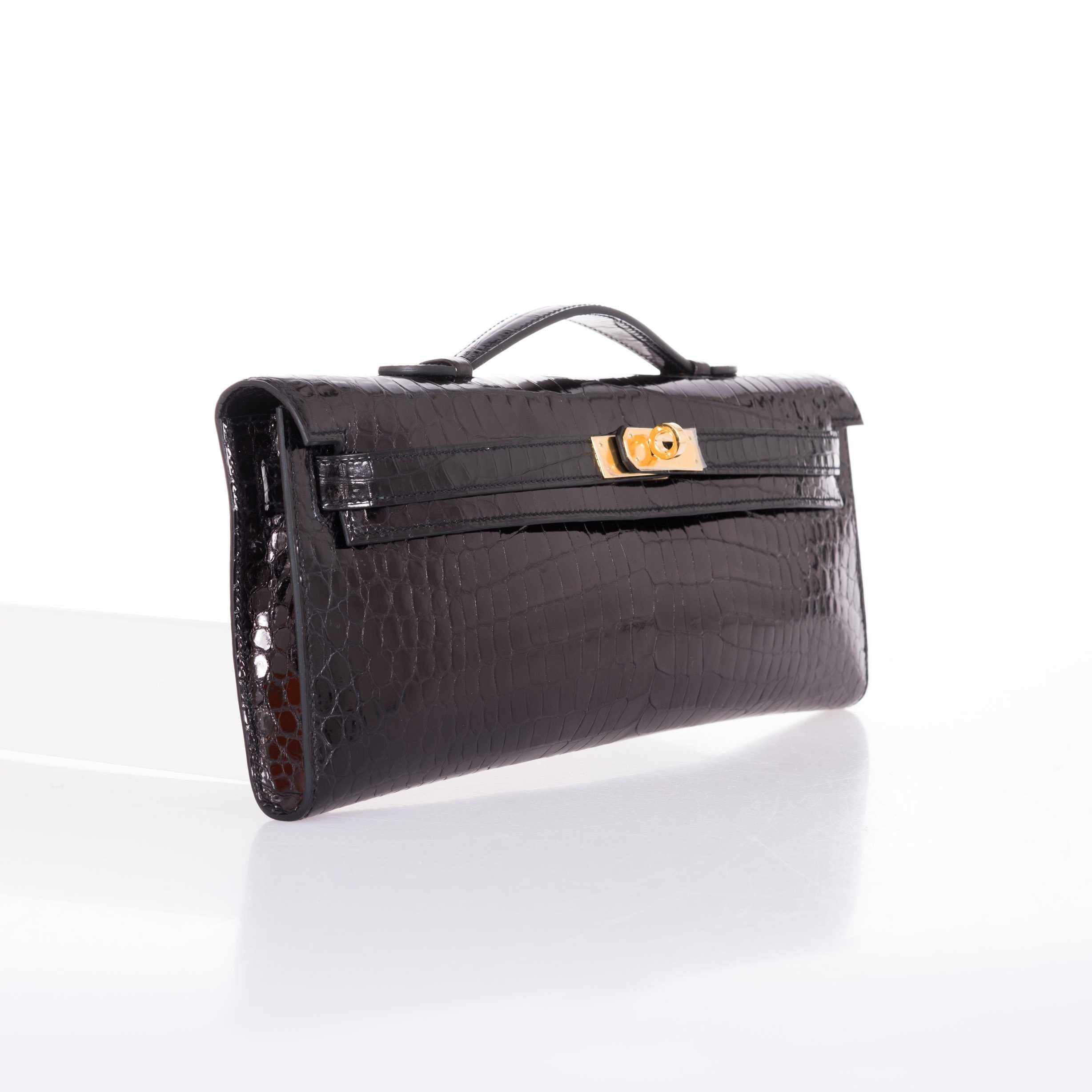 Hermès Kelly Cut Pochette Black Porosus Crocodile Gold Hardware
