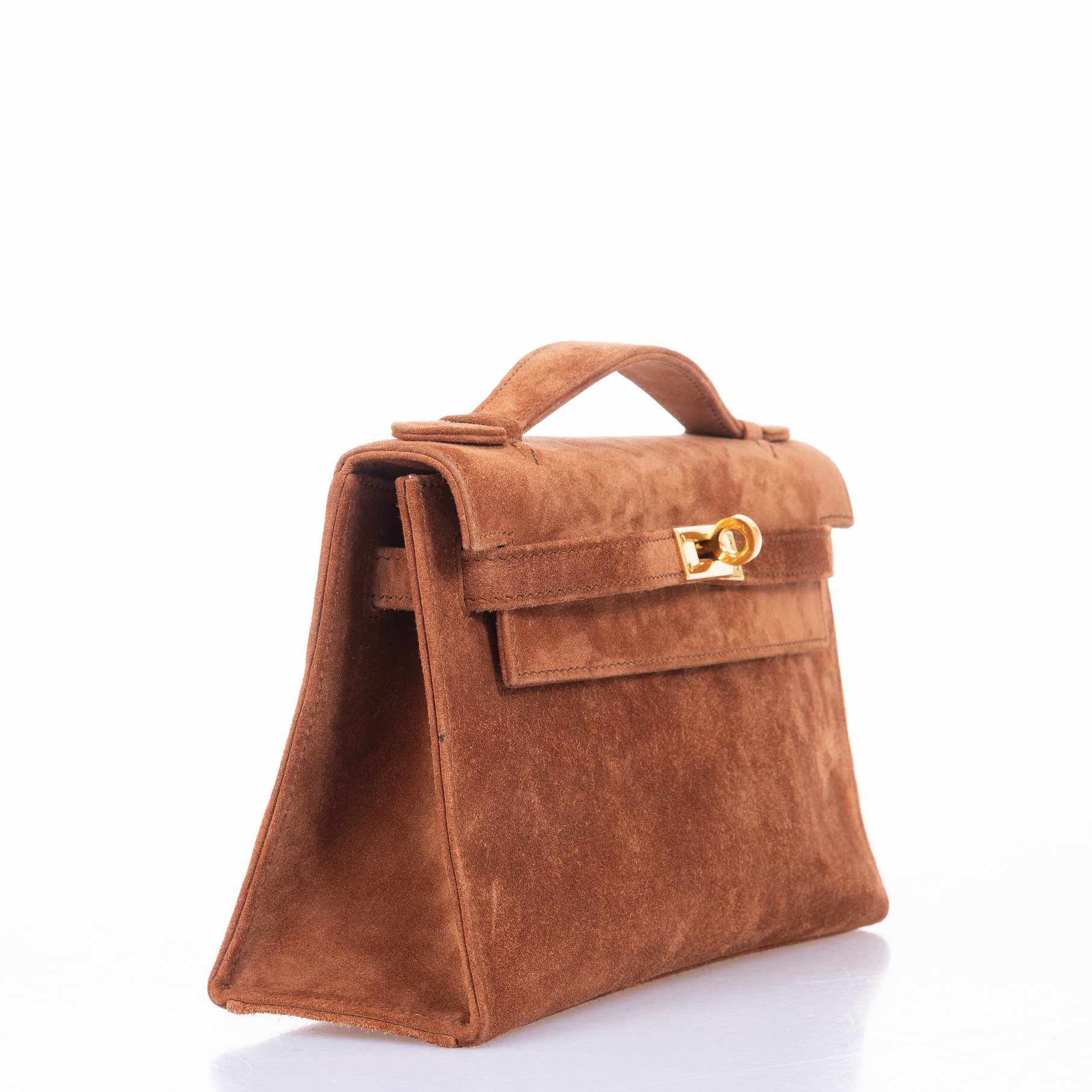 Hermès Kelly Cut Pochette Chocolate Suede Gold Hardware