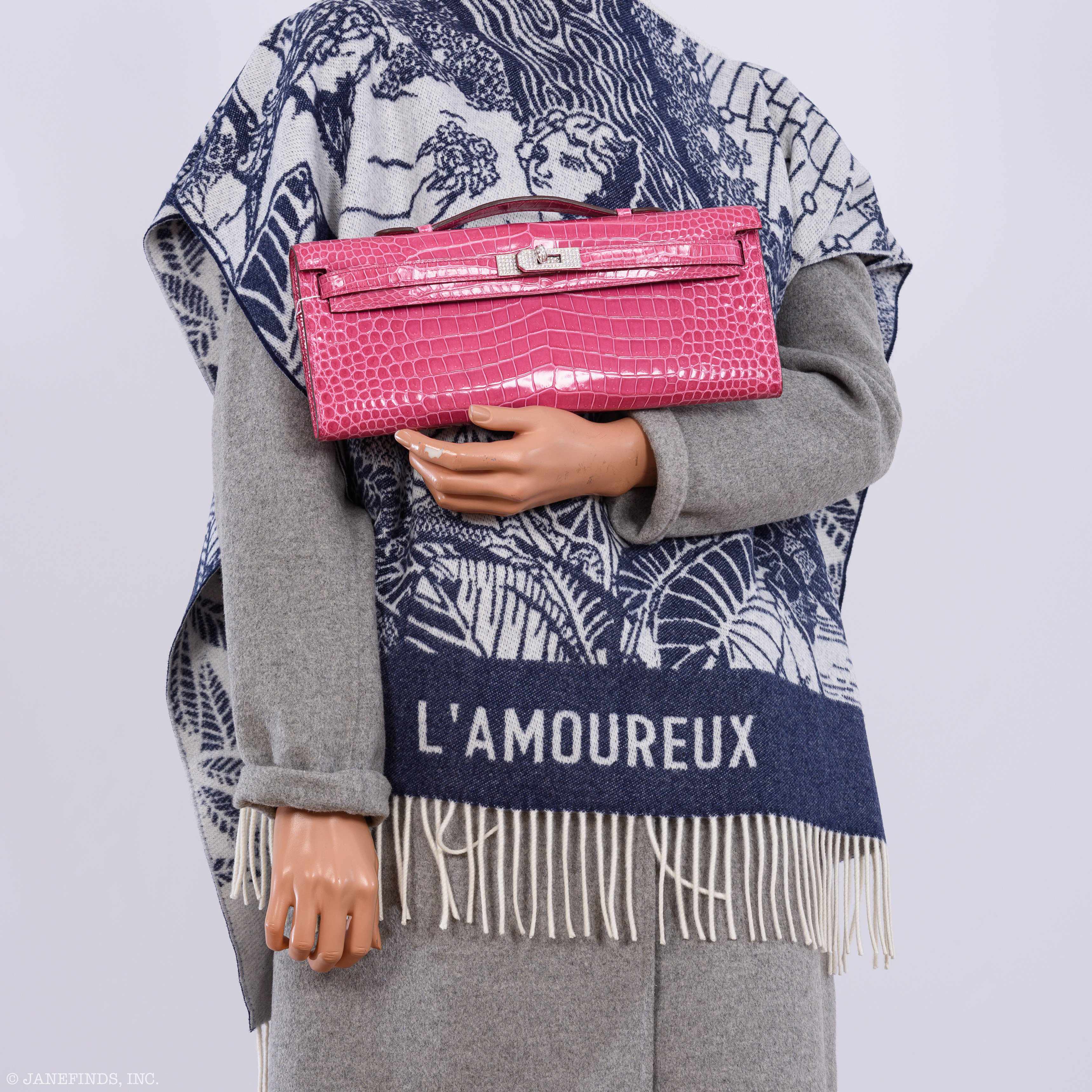 Hermès Kelly Cut Pochette Rose Tyrien Shiny Porosus Crocodile Diamonds & White Gold Hardware