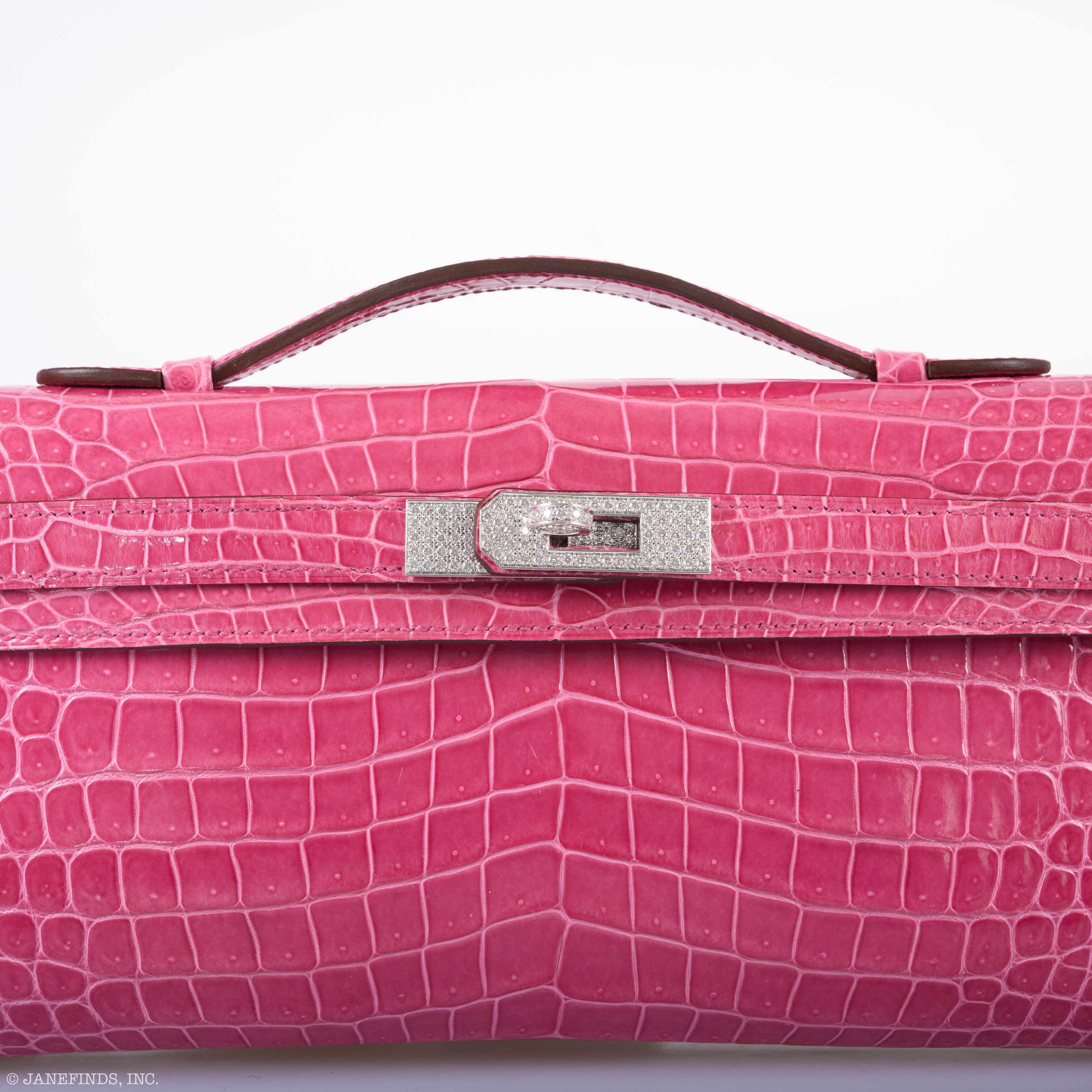 Hermès Kelly Cut Pochette Rose Tyrien Shiny Porosus Crocodile Diamonds & White Gold Hardware