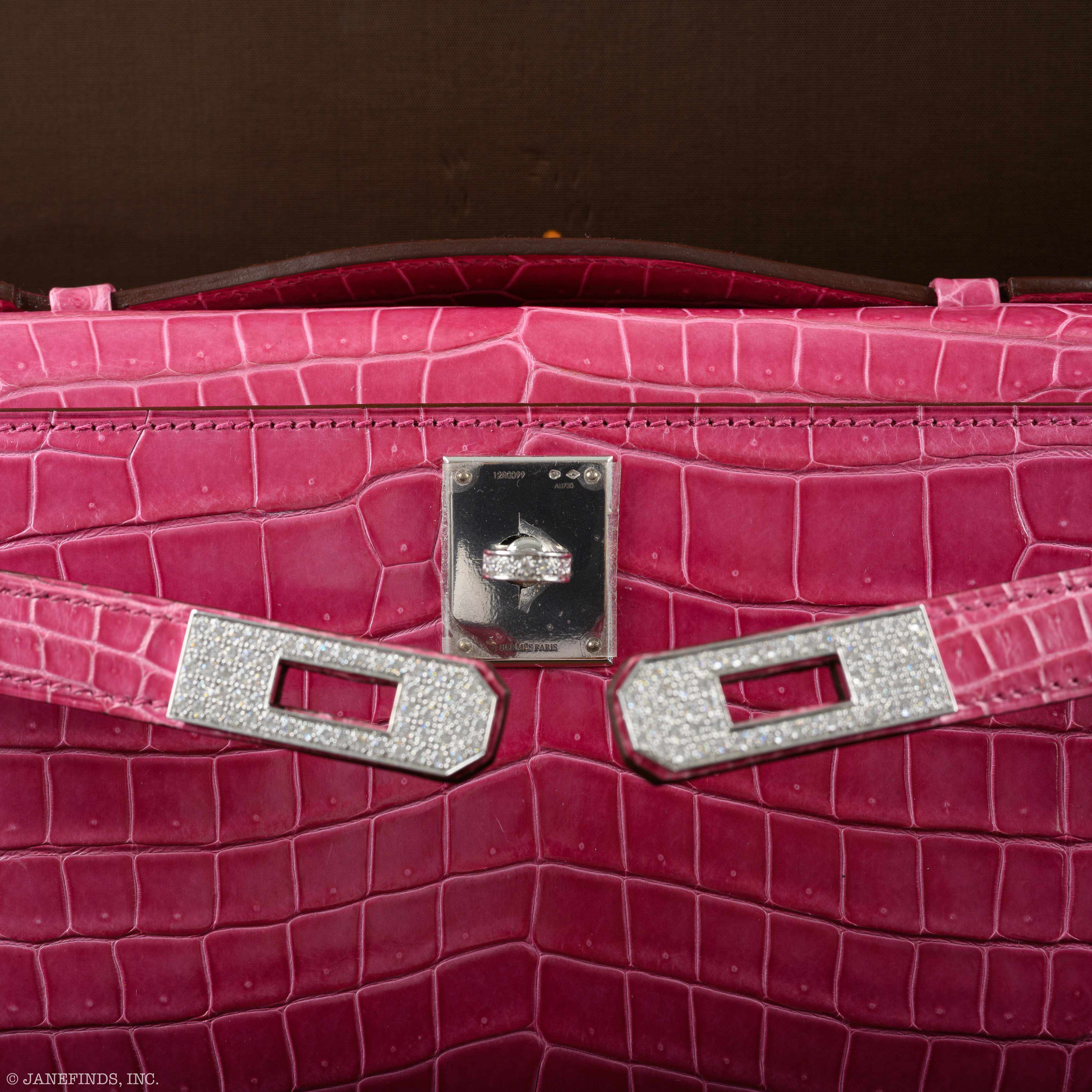 Hermès Kelly Cut Pochette Rose Tyrien Shiny Porosus Crocodile Diamonds & White Gold Hardware