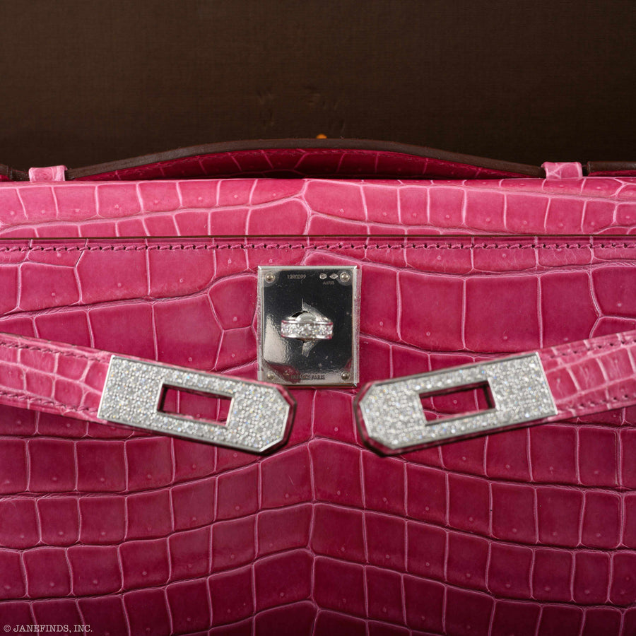 Hermès Kelly Cut Pochette Rose Tyrien Shiny Porosus Crocodile Diamonds & White Gold Hardware