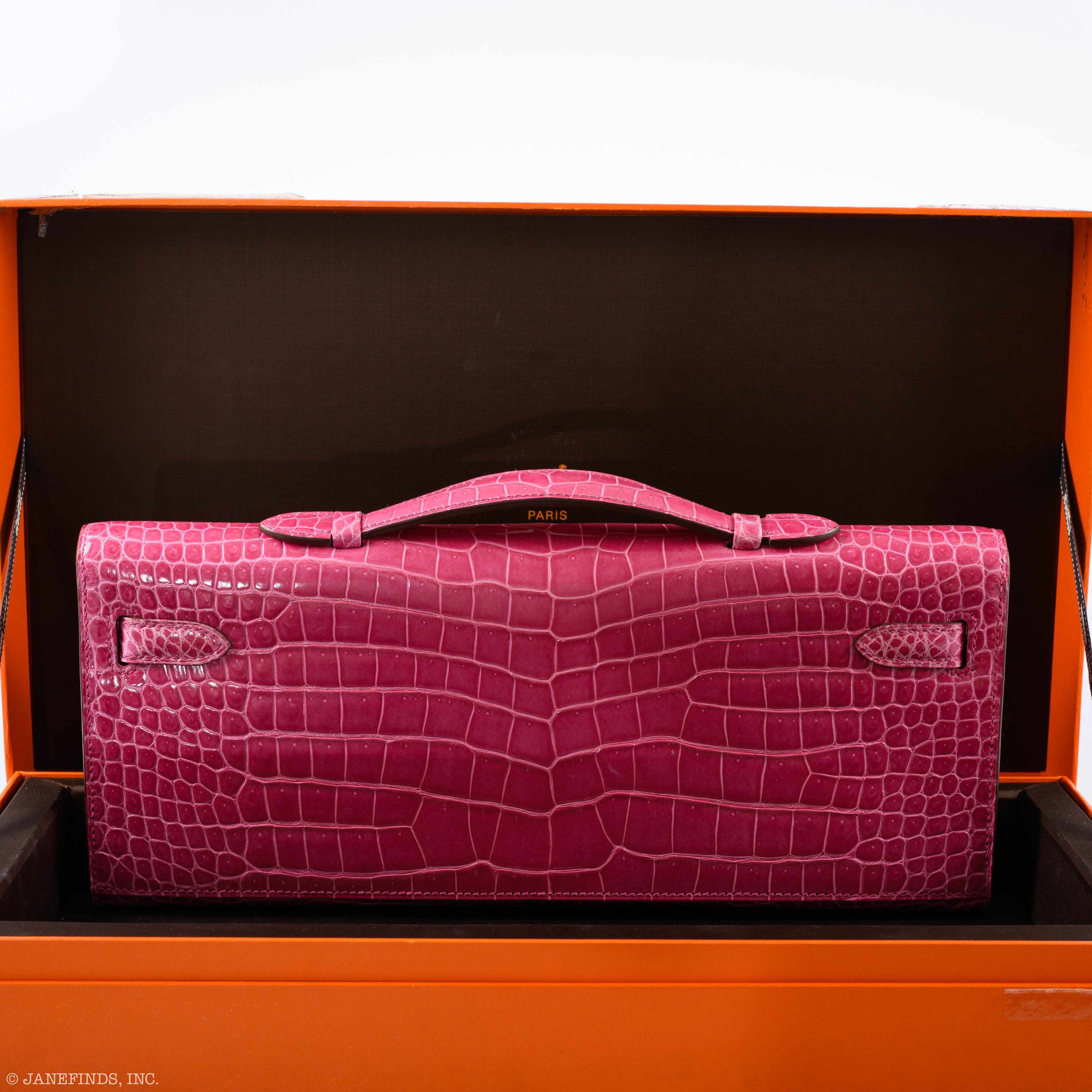 Hermès Kelly Cut Pochette Rose Tyrien Shiny Porosus Crocodile Diamonds & White Gold Hardware