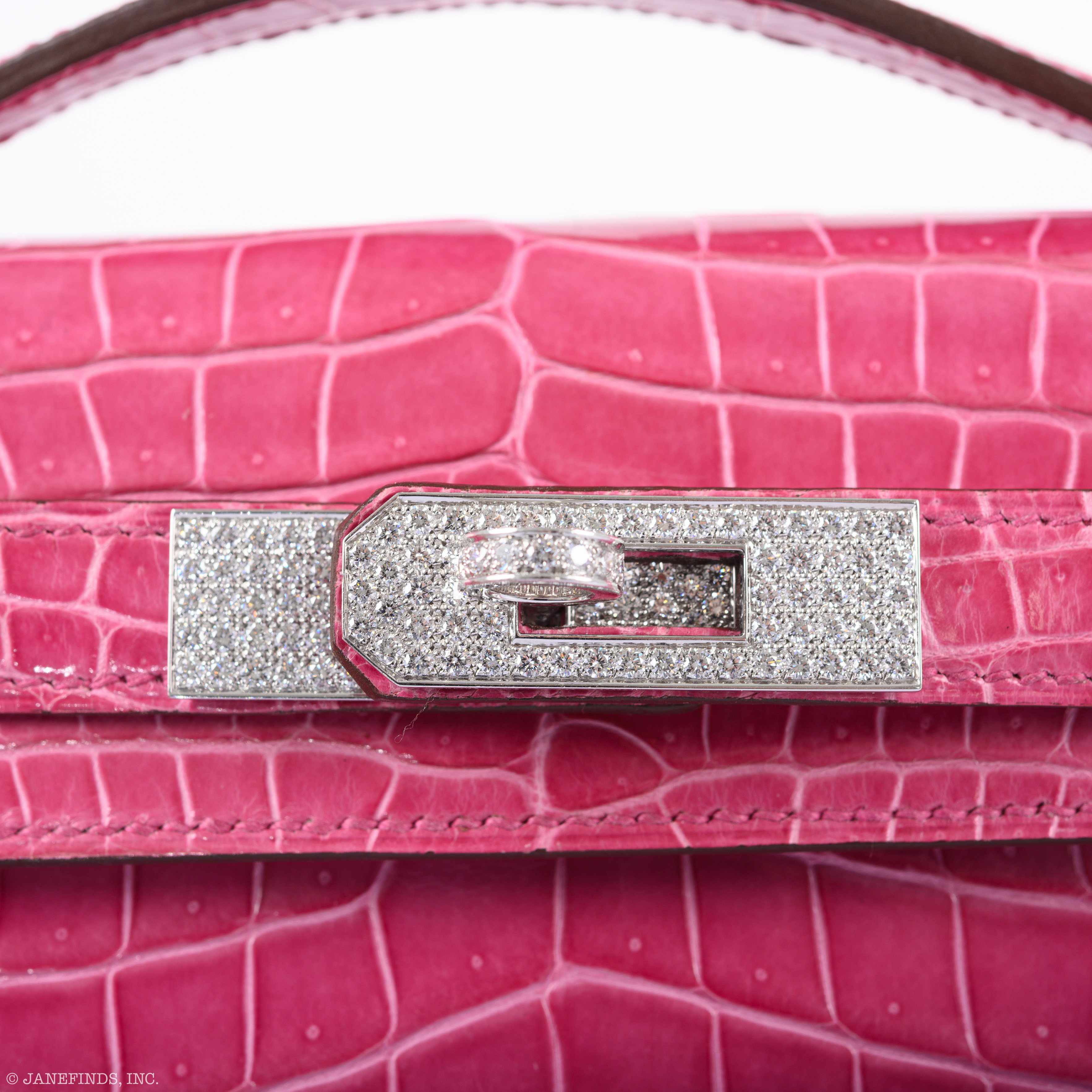 Hermès Kelly Cut Pochette Rose Tyrien Shiny Porosus Crocodile Diamonds & White Gold Hardware