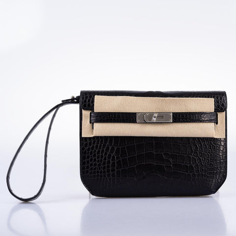 Hermès Kelly Depeches 25 Pochette Black Matte Alligator Palladium Hardware