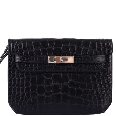 Hermès Kelly Depeches 25 Pochette Black Matte Alligator Palladium Hardware - 2020, Y