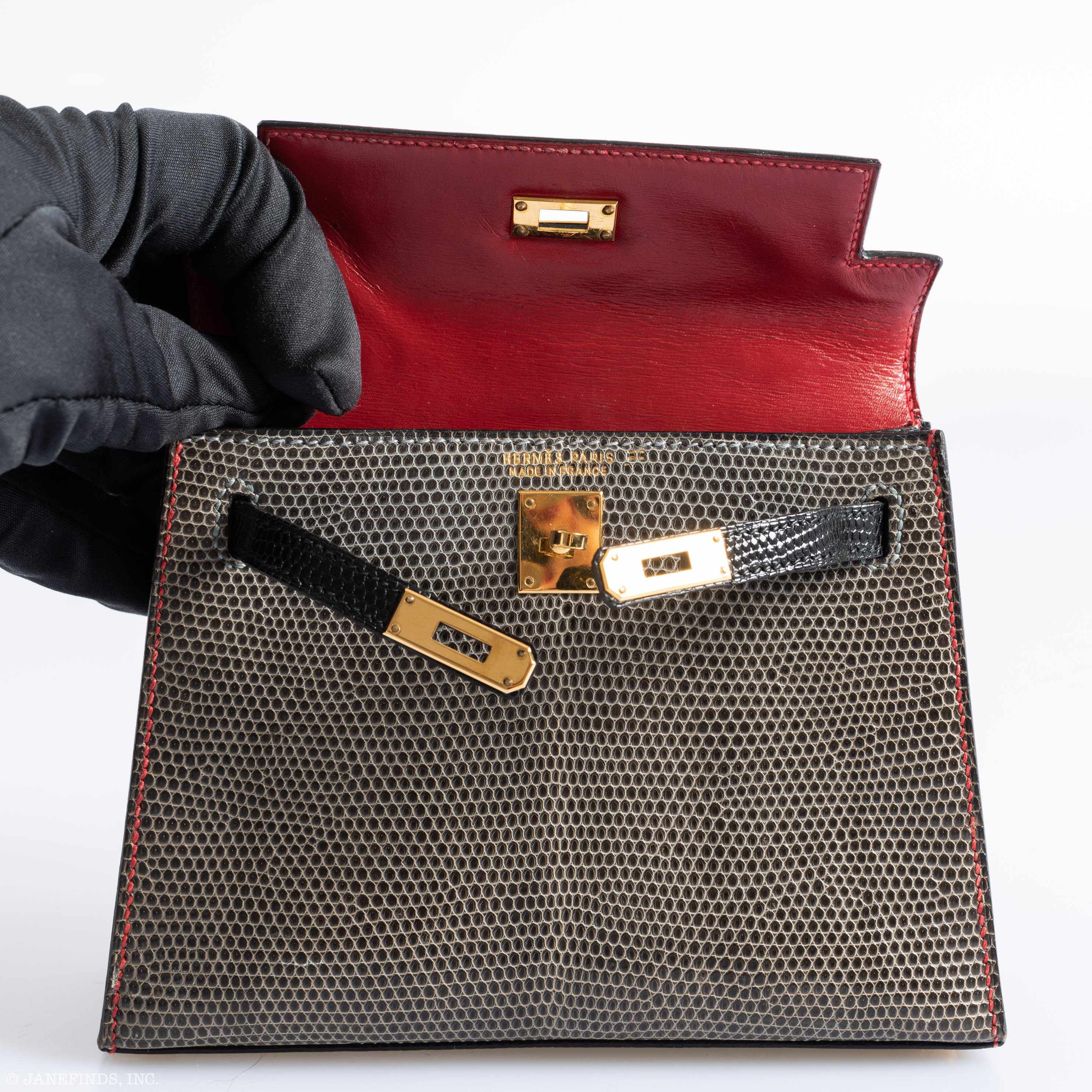 Hermès Kelly Micro Mini Sellier 15 Rouge Vif, Gris Fonce & Noir Lizard Gold Hardware - 1992