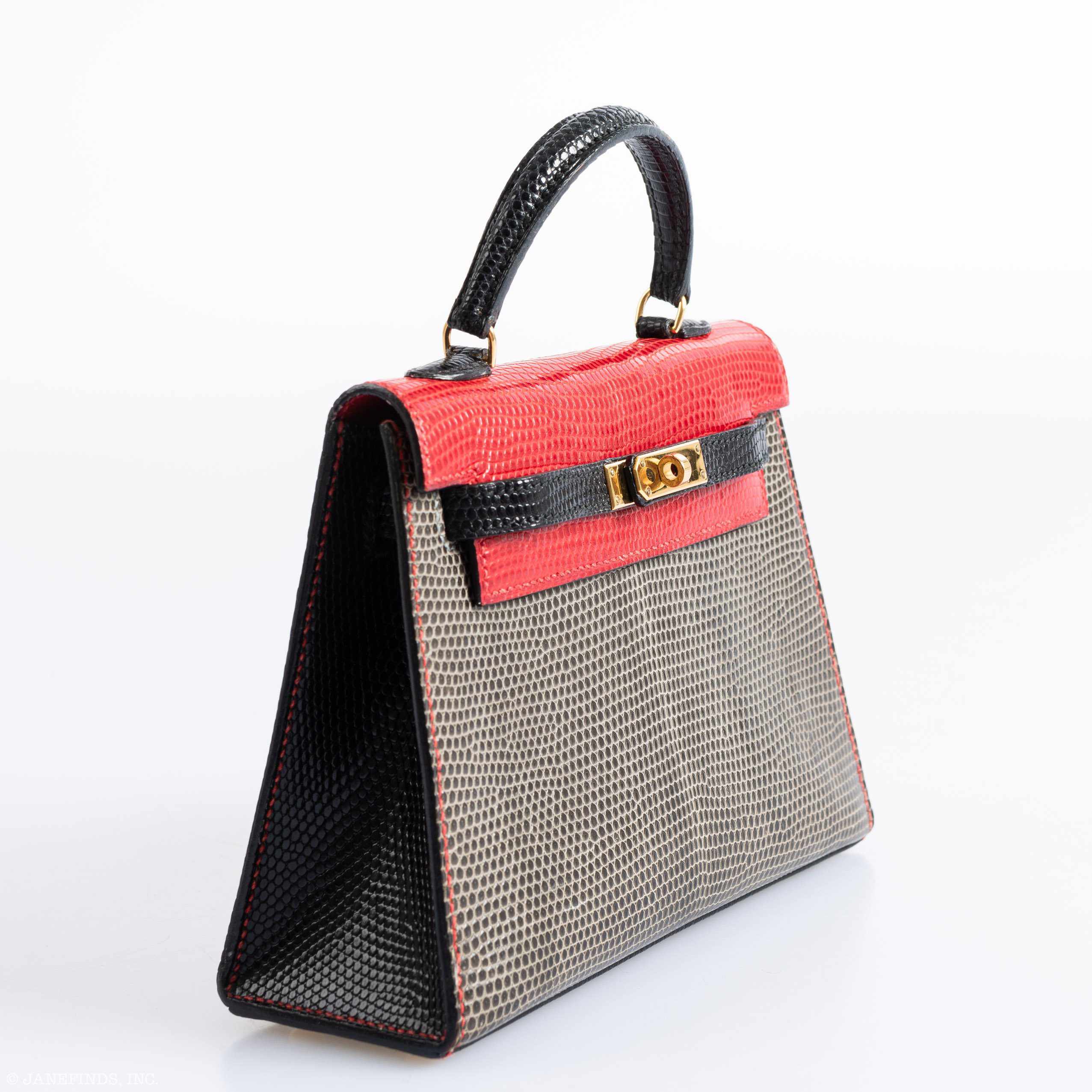 Hermès Kelly Micro Mini Sellier 15 Rouge Vif, Gris Fonce & Noir Lizard Gold Hardware - 1992