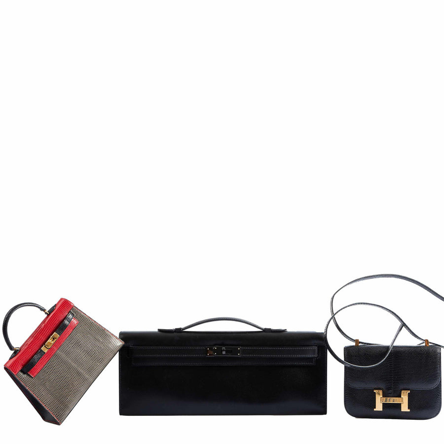 Hermès Kelly Micro Mini Sellier 15 Rouge Vif, Gris Fonce & Noir Lizard Gold Hardware - 1992