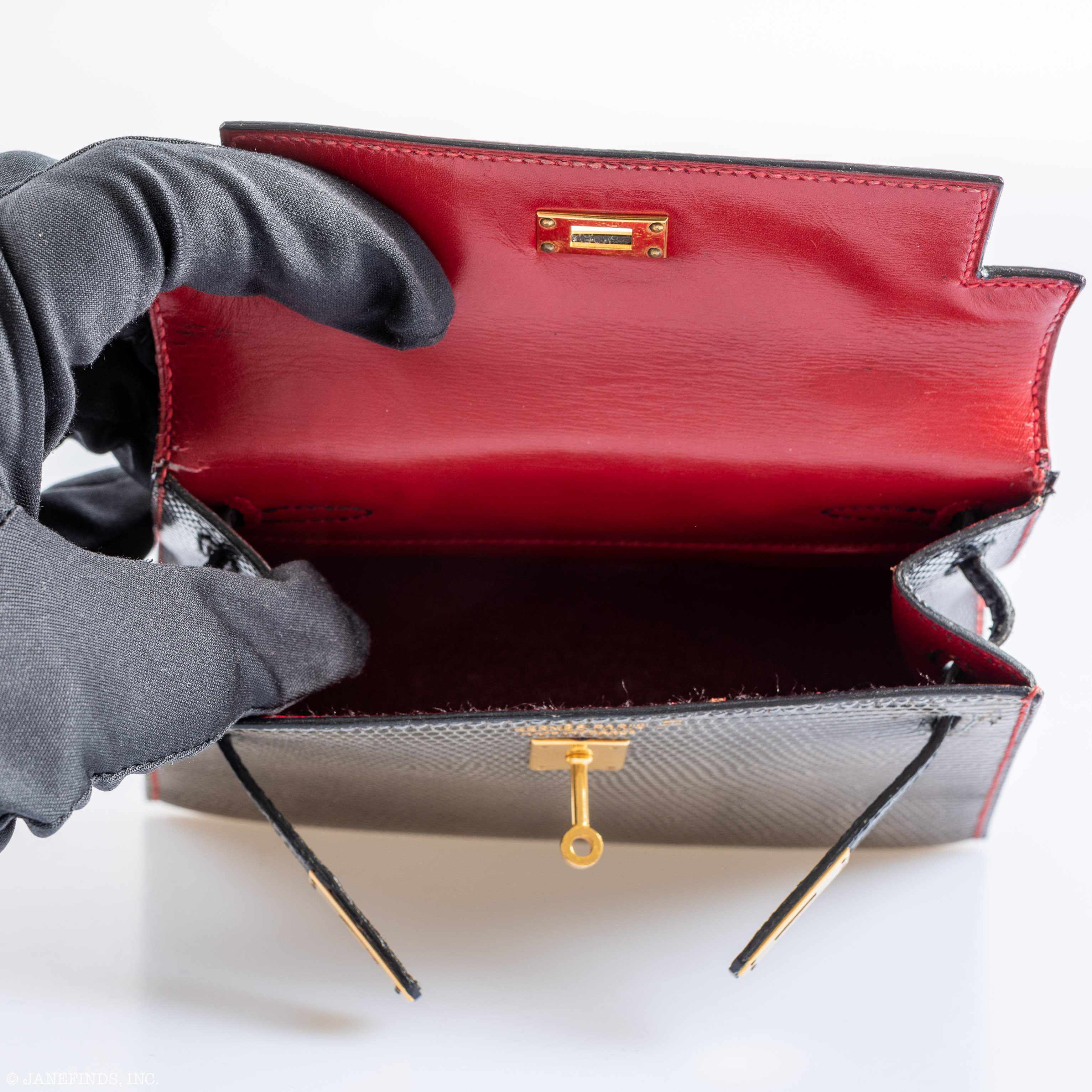 Hermès Kelly Micro Mini Sellier 15 Rouge Vif, Gris Fonce & Noir Lizard Gold Hardware - 1992