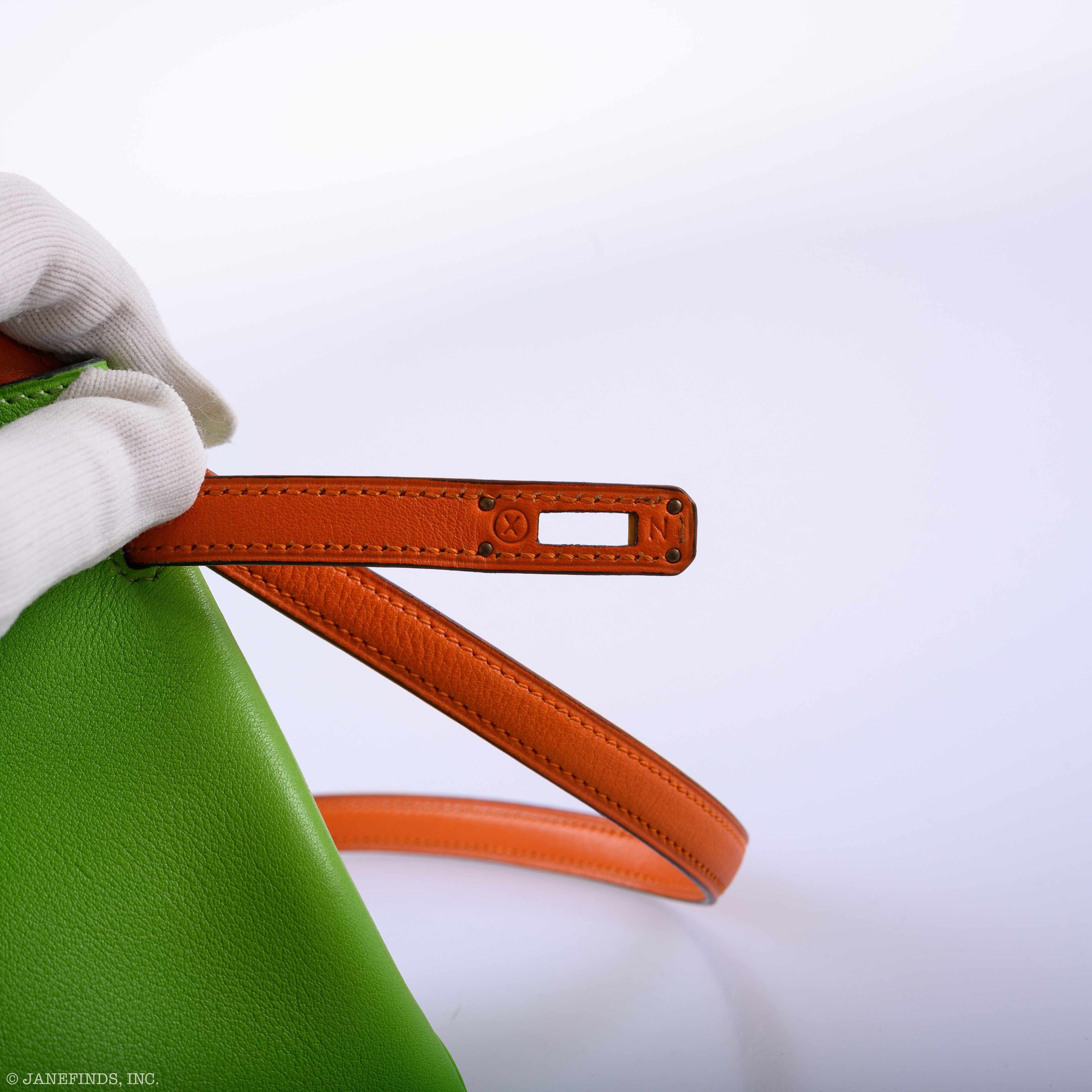 Hermès Kelly Mini 20 Retourne Vert Cru & Orange H Gulliver Leather Gold Hardware