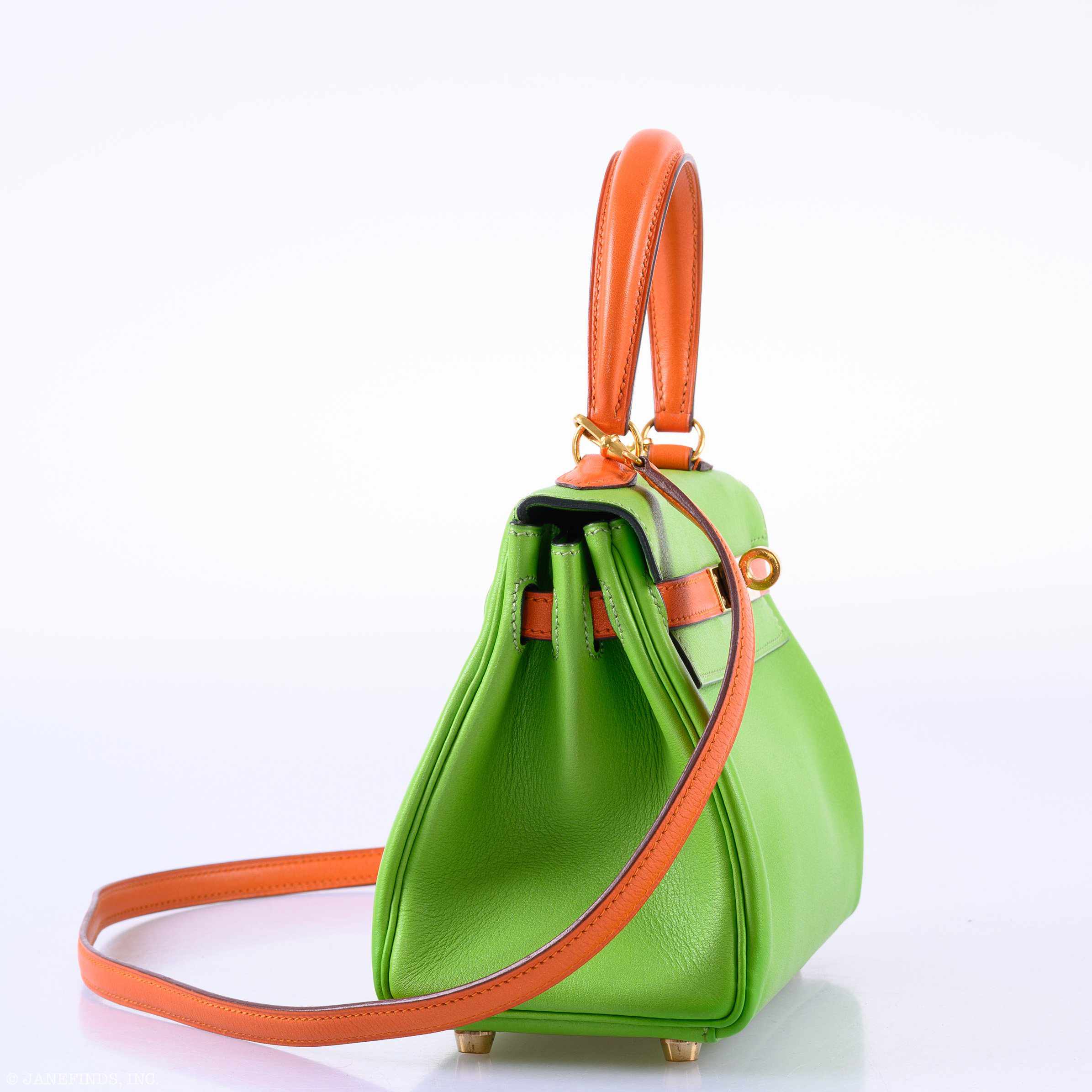 Hermès Kelly Mini 20 Retourne Vert Cru & Orange H Gulliver Leather Gold Hardware