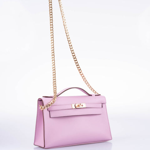 Hermès Kelly Mini Pochette Mauve Sylvestre Swift leather Rose Gold Hardware