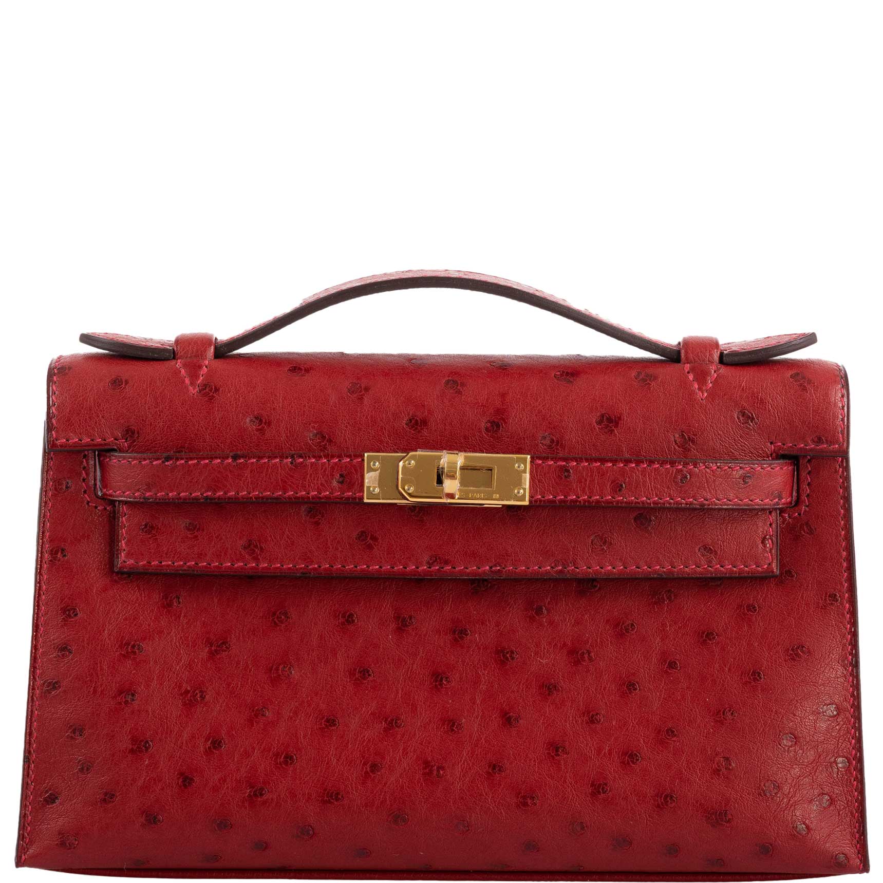 Hermes Rouge Vif Red Gold Ostrich Sellier Kelly 25 Handbag Bag