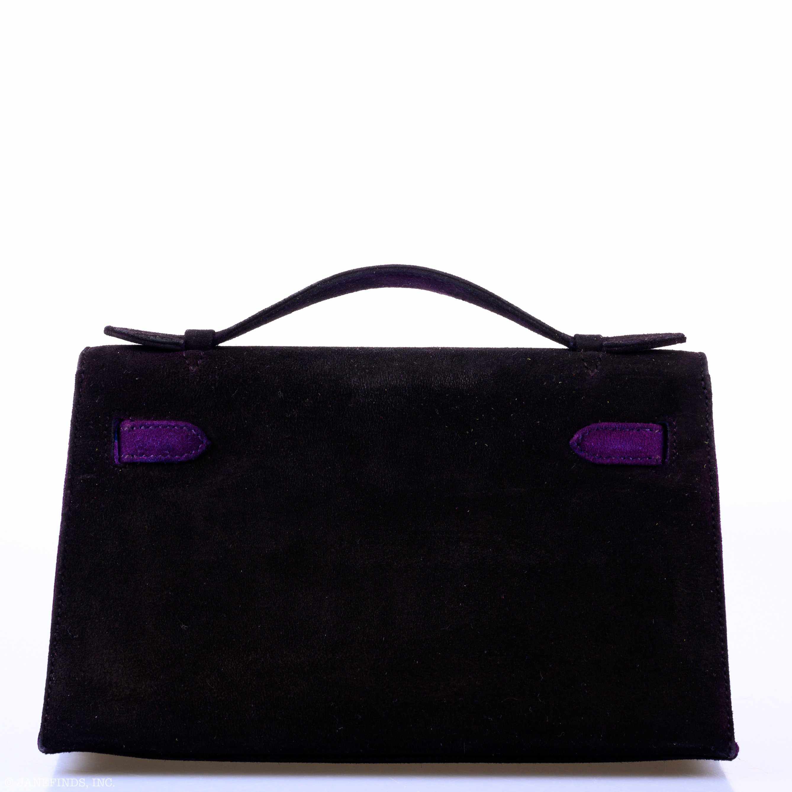 Hermès Kelly Pochette Bicolor Black Violet Veau Doblis Suede Gold Hardware