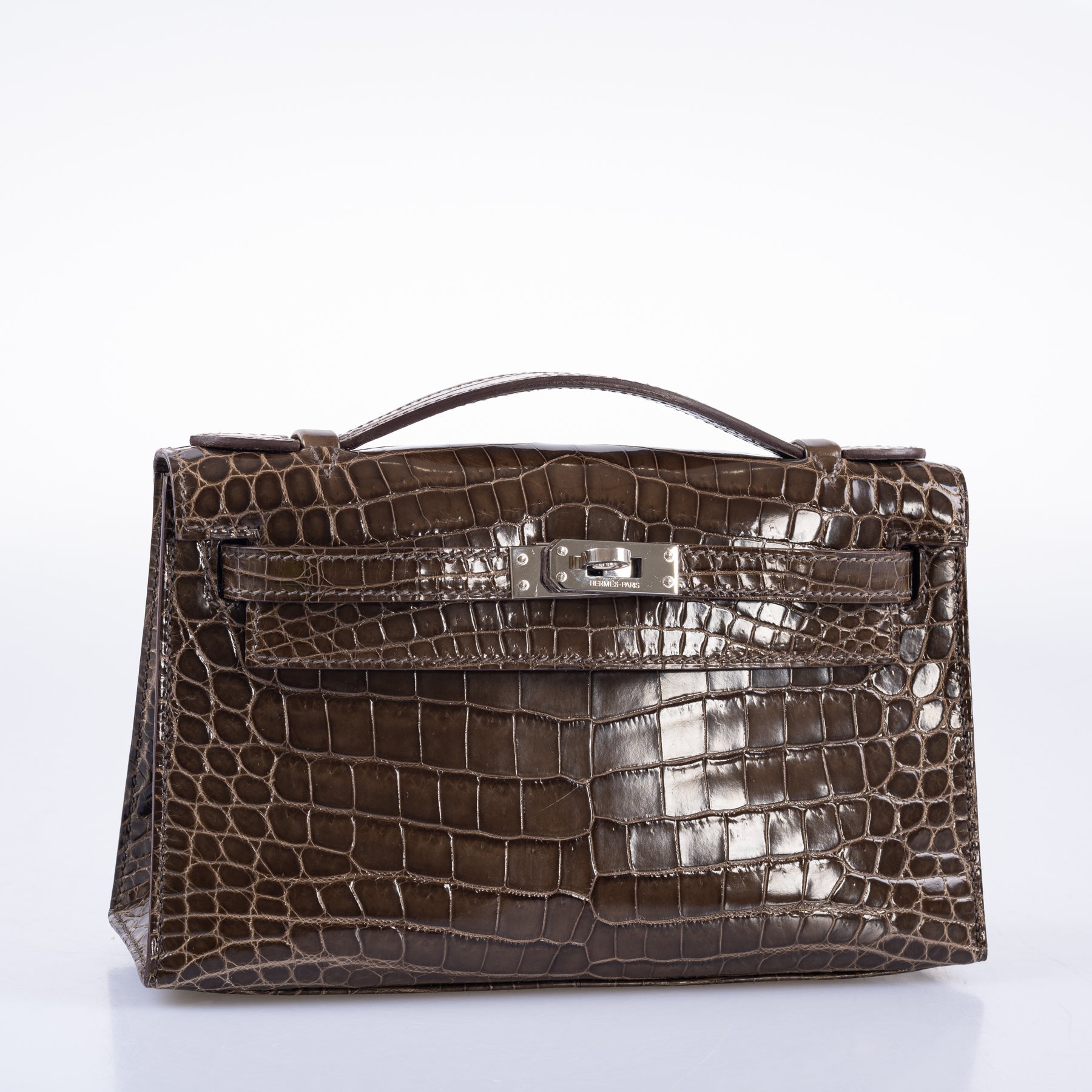 Hermès Kelly Pochette Gris Elephant Shiny Nilo Crocodile Palladium Hardware
