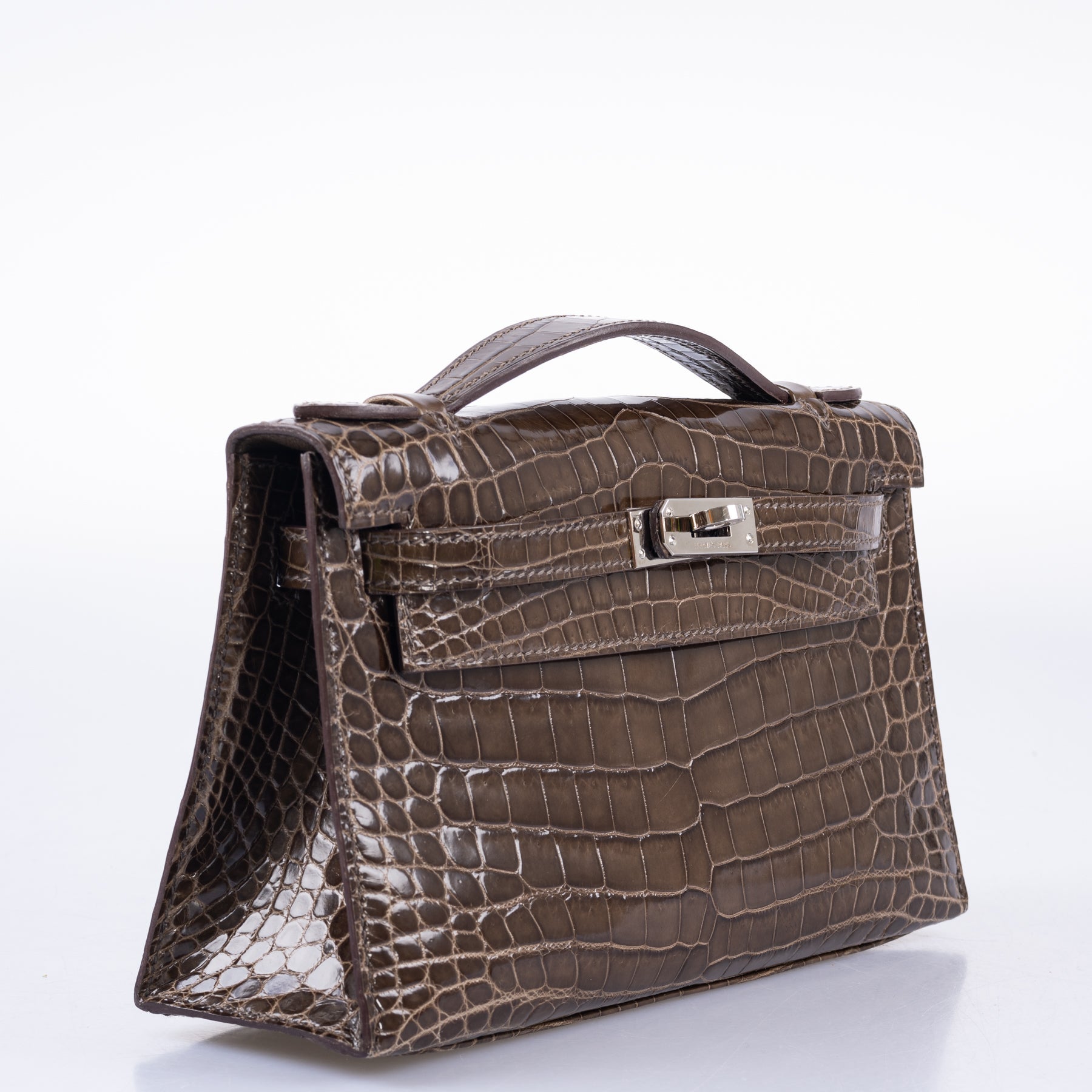 Hermès Kelly Pochette Gris Elephant Shiny Nilo Crocodile Palladium Hardware