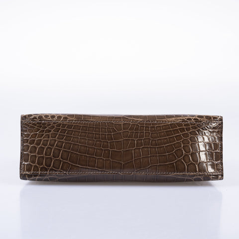 Hermès Kelly Pochette Gris Elephant Shiny Nilo Crocodile Palladium Hardware