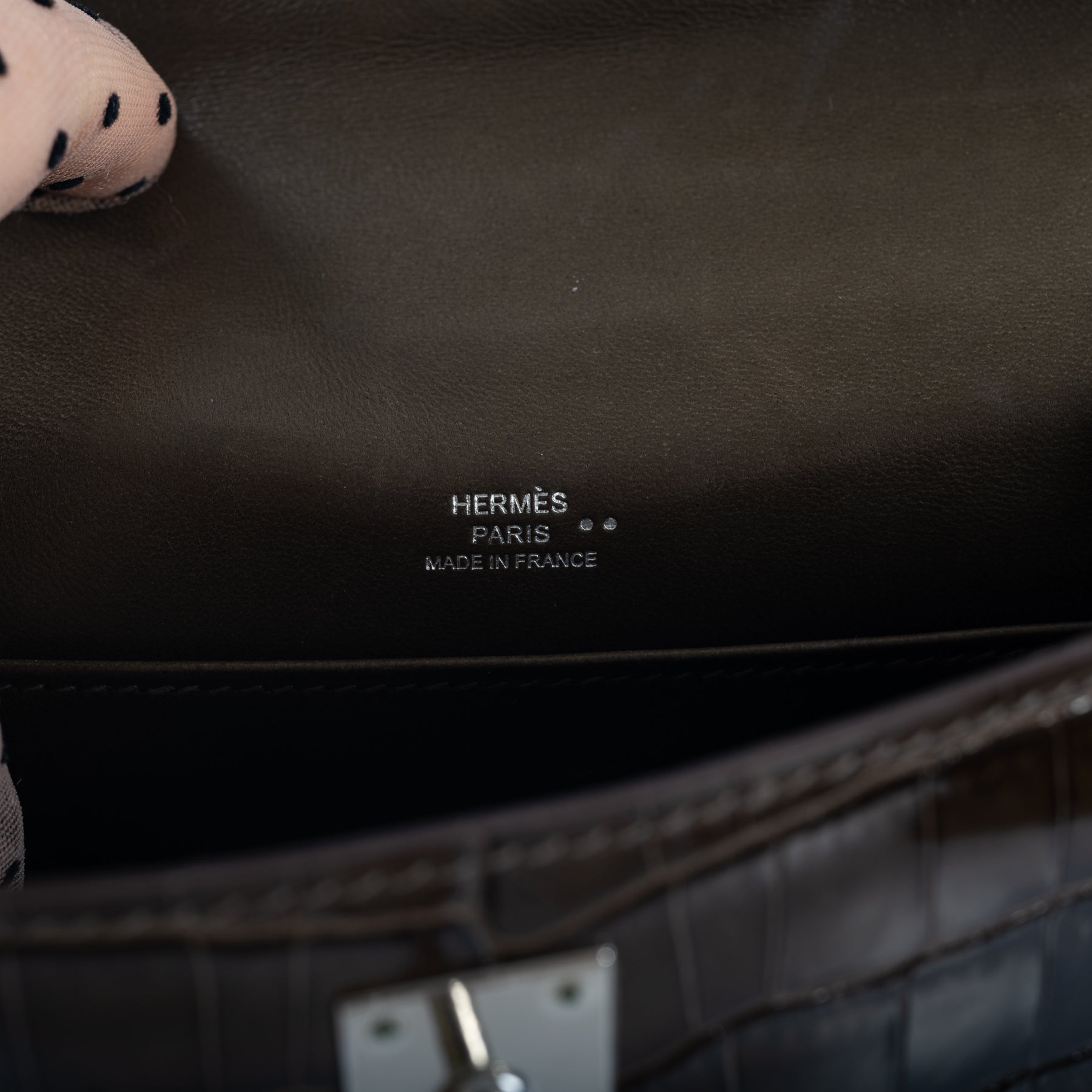 Hermès Kelly Pochette Gris Elephant Shiny Nilo Crocodile Palladium Hardware