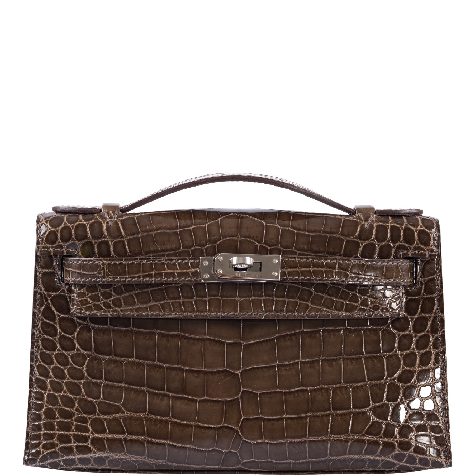 Hermès Kelly Pochette Gris Elephant Shiny Nilo Crocodile Palladium Har